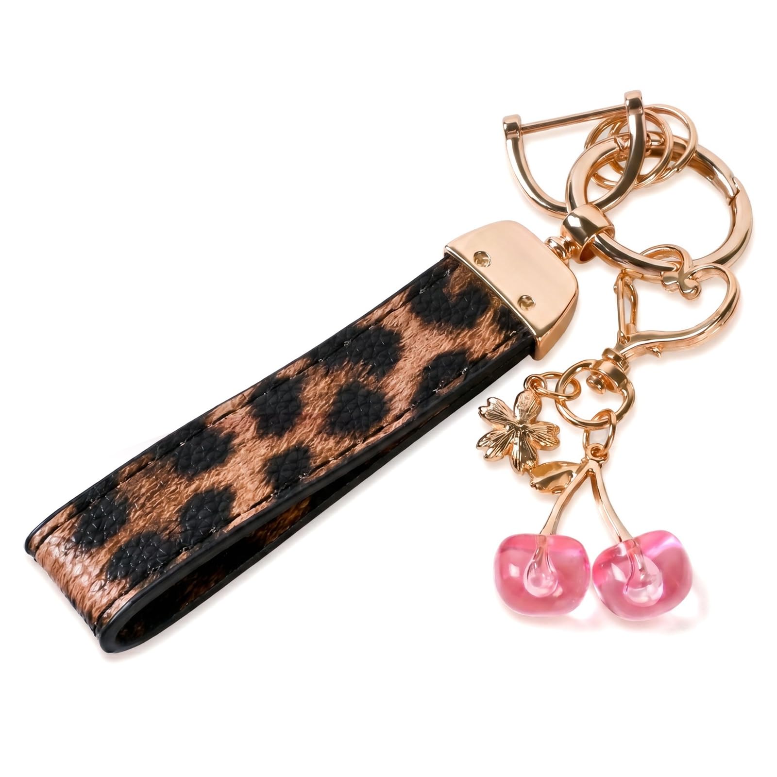 Zirax Leopard Print Leather Keychain Wristlet with Cherry Charms, Cute Car Keyring Bag Charms for Womens Handbags, Leather Key Chain Accessories for Keys, Phone Charm Gift