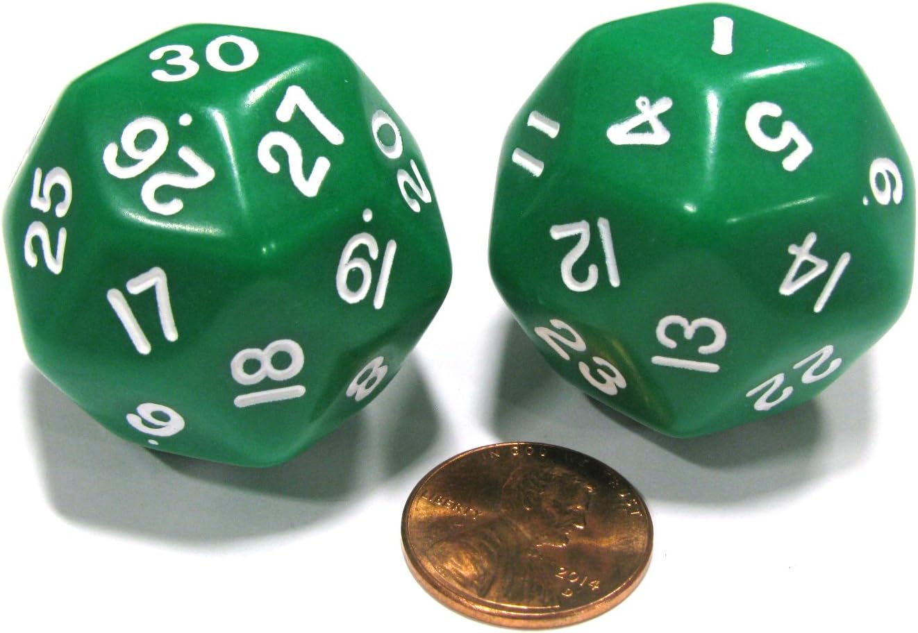 Set of 2 Triantakohedron D30 30 Sided 33mm Jumbo Dice - Green w White Numbers