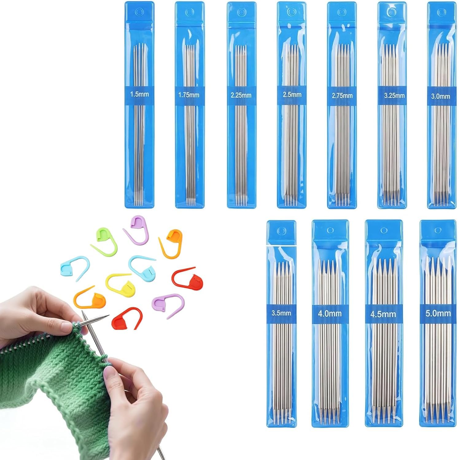 Rayakt 65 PCS Double Pointed Knitting Needles Set (1.5-5.0mm), 15cm Short Double Ended Knitting Needle with 20pcs Stitch Markers, Complete Metal Needles Kit for Beginners Experts
