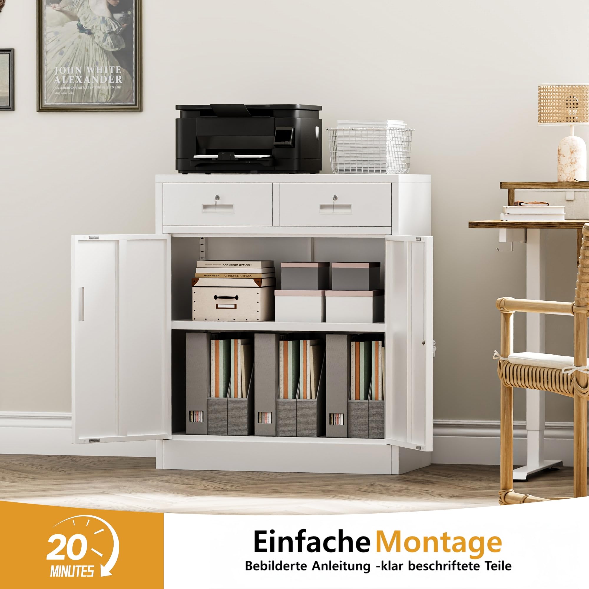 Armadietto multiuso, armadio da ufficio con 2 ante con serratura, armadietto in acciaio, 2 cassetti e 1 ripiano regolabile per ufficio, garage (bianco, 90 x 80 x 40)