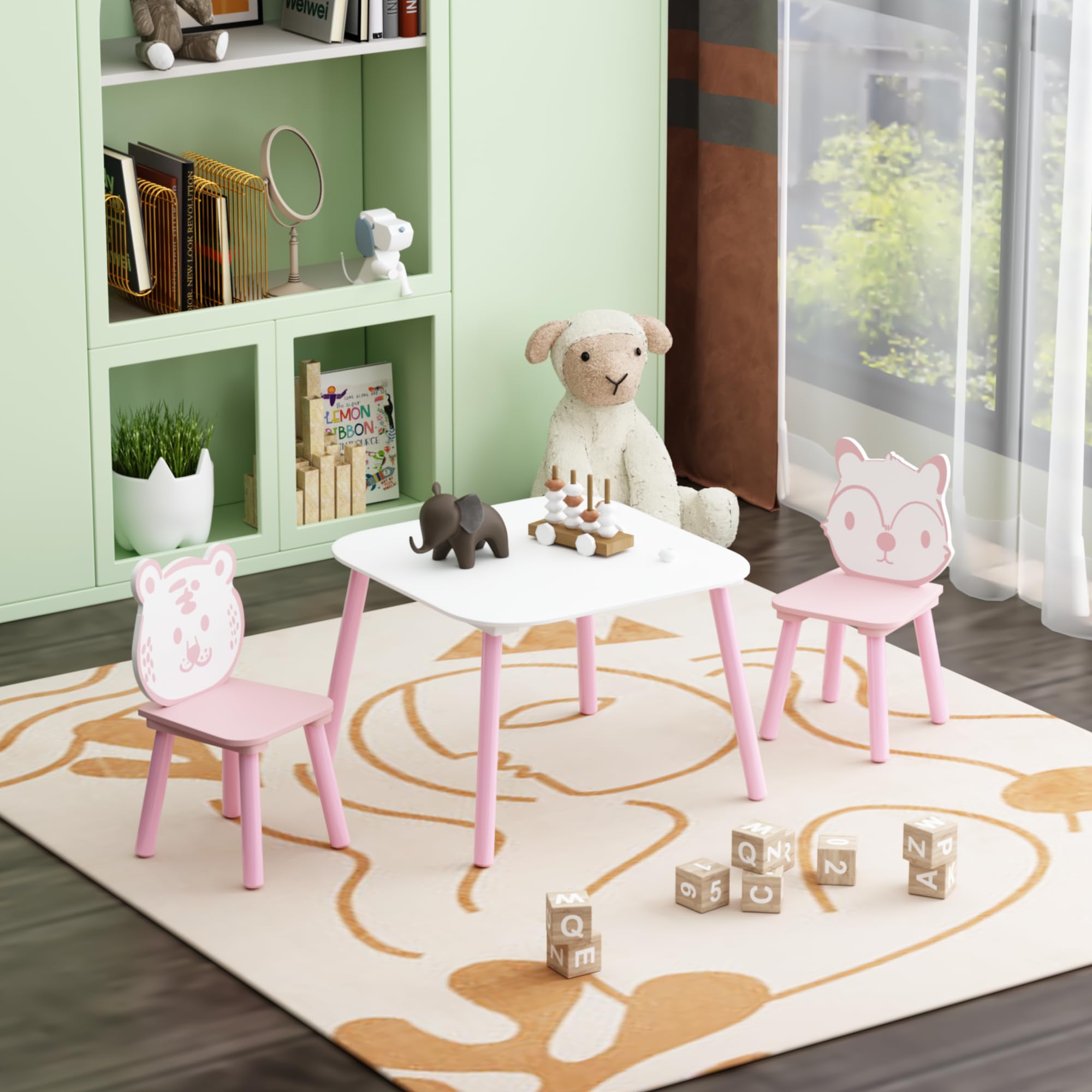 Cute Wood Table with 4 Chairs Set, 5 Piece Cartoon Animals Wood Drawing Play Table and Chair Set Activity Tables for Home, Nursery, Kindergarten (Pink)