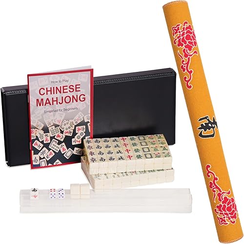 GUSTARIA Mini juego de mahjong de viaje (0.8 pulgadas) con tapete Mahjong, juego chino de mahjong con 146 azulejos de marfil, 4 estantes y estuche