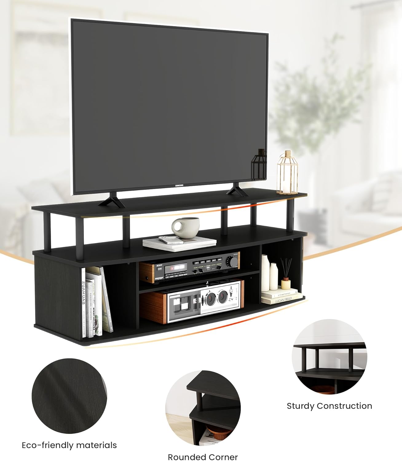 Modern TV Stands for 55 Inch Television, Entertainment Center with Open Storage Shelves, TV Stand for Living Room Bedroom, Black