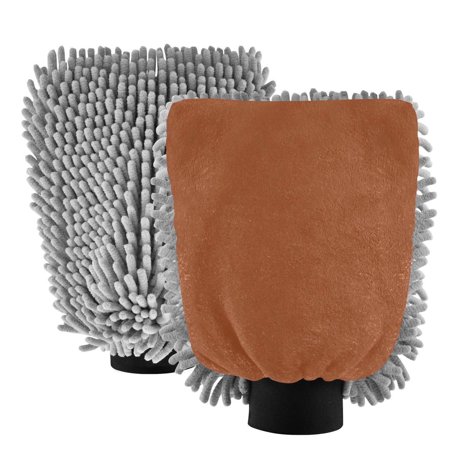 STAYTOP Plain Brown Car Wash Mitt Microfiber, 2Pcs Scratch Free Lint-Free, Premium Chenille Microfiber Mitt Car Wash Brush-L