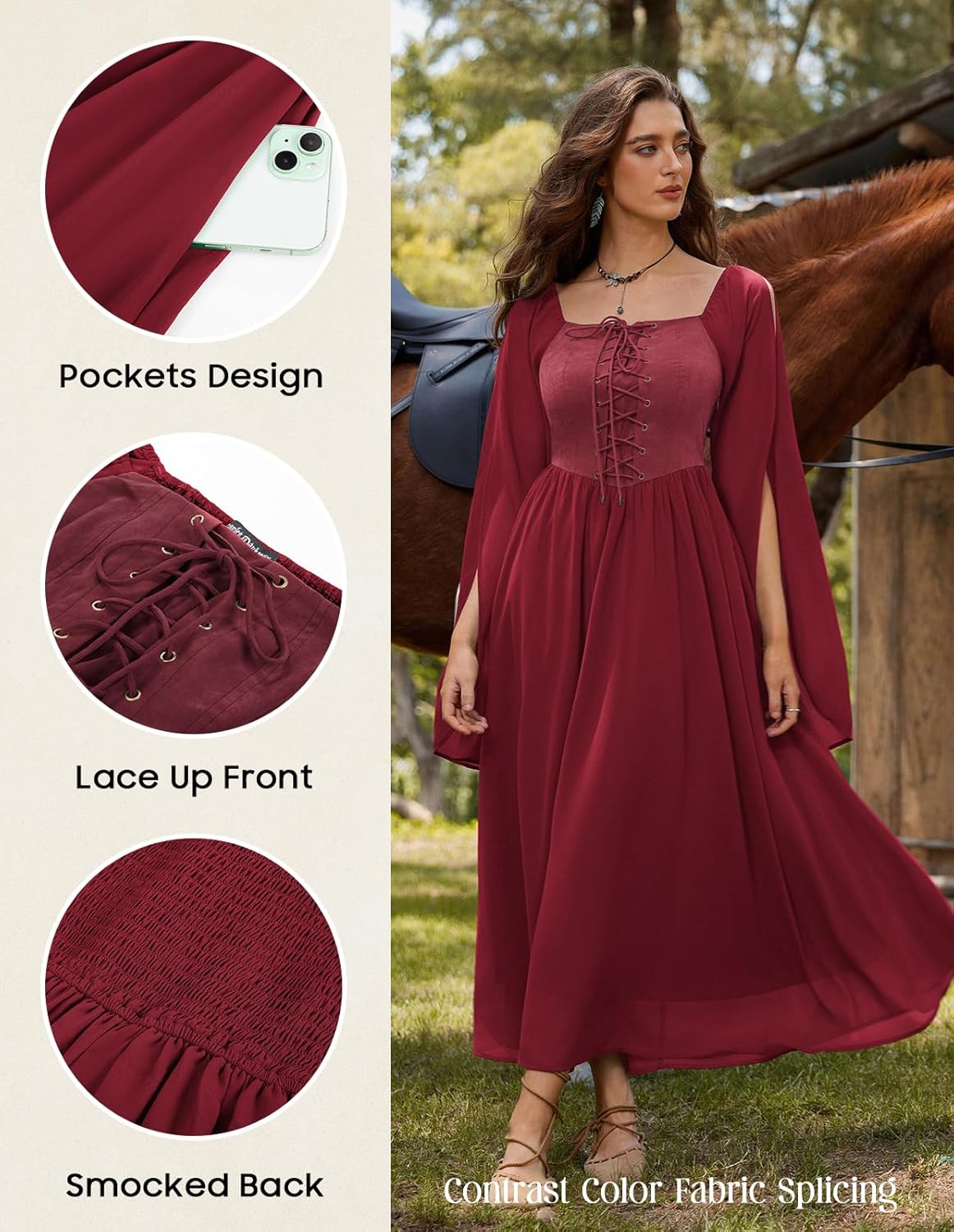 Scarlet Darkness Renaissance Costume Women Pirate Dresses Split Bell Sleeve Medieval Ren Faire Dress with Pockets - Image 4