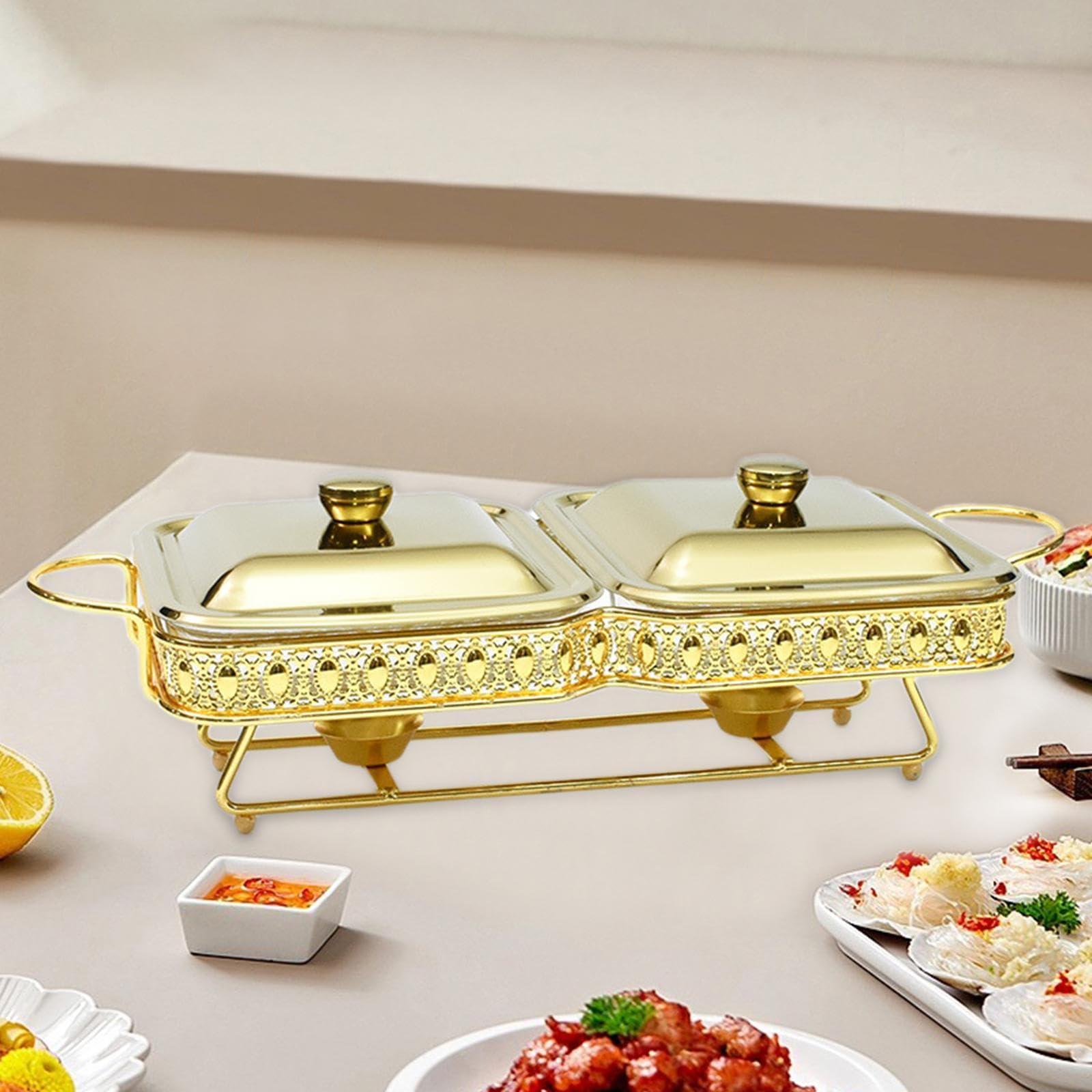 Chafing Dish con Estructura Portátil de Acero Inoxidable Bandeja Calefactora para Buffet Tapa de Transporte Adecuado para Soc, Oro, Individual