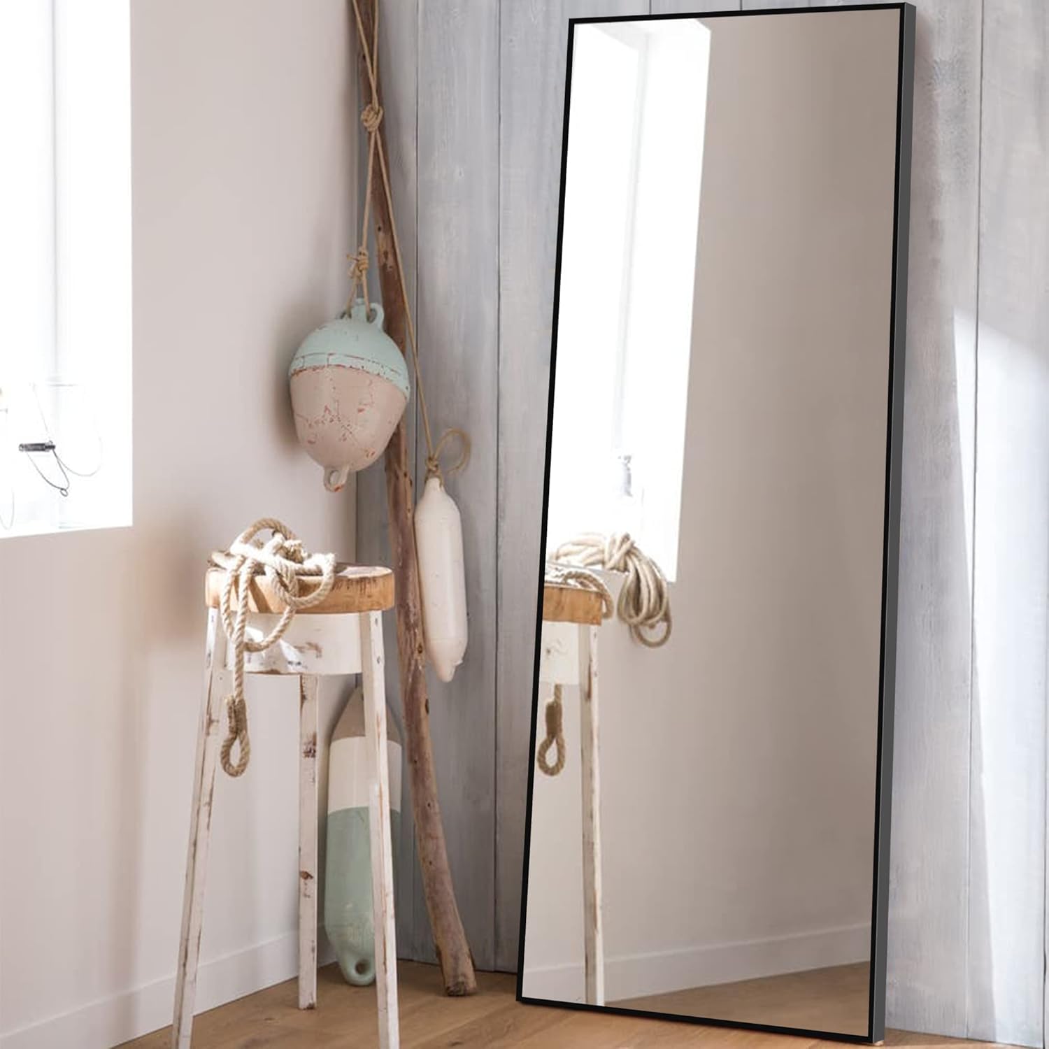 Full Length Mirror Standing Hanging or Leaning Against Wall, Large Rectangle Bedroom Mirror Floor Mirror Dressing Mirror Wall-Mounted Mirror, Aluminum Alloy Thin Frame, White, 65"x22" : Home & Kitchen