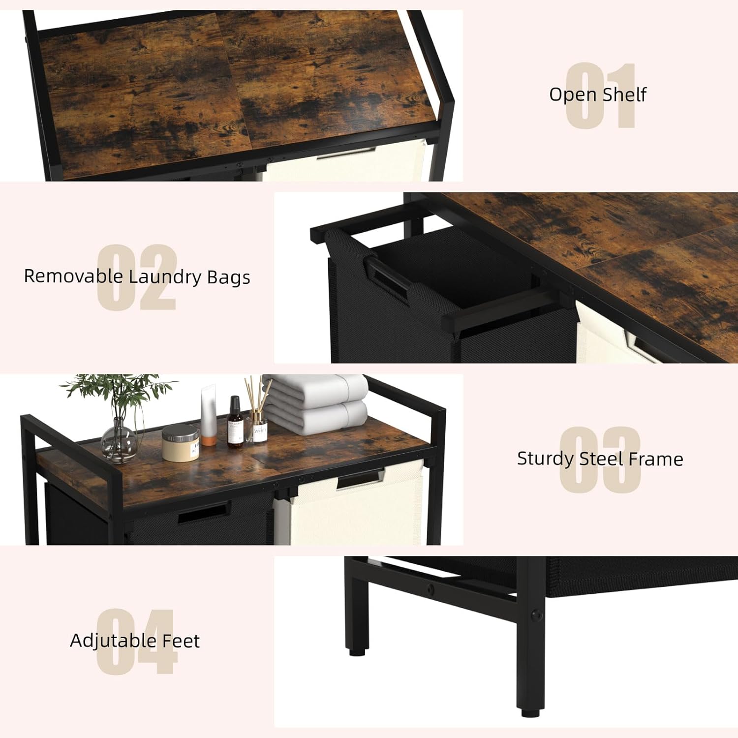 Double Compartment Laundry Basket, Laundry Sorter with Top Shelf, 2 Removable Washable Bags, Side Pockets, Black & White