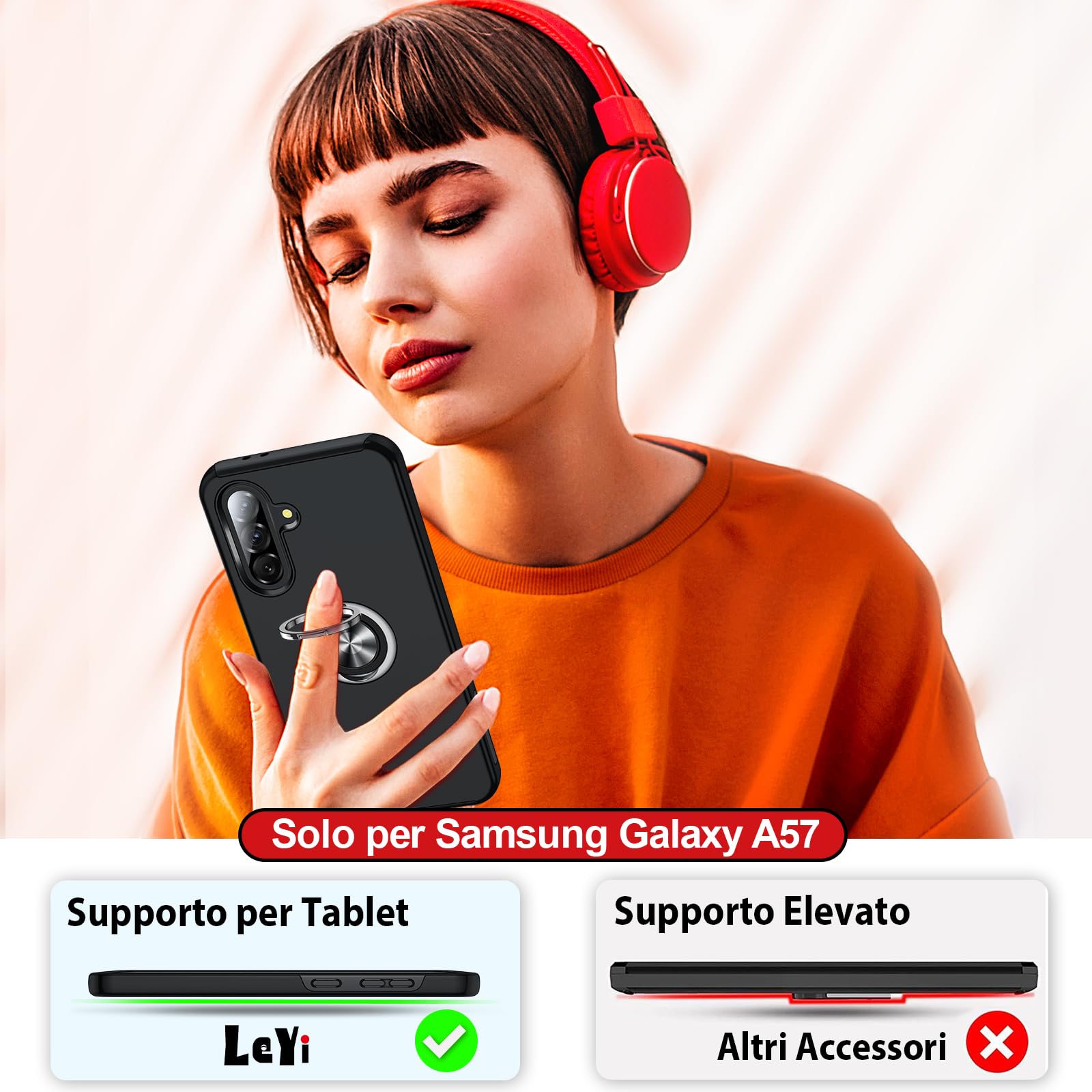 LeYi Cover per Samsung A57/A 57 con 2 Vetri Temperati - Custodia TPU+PC con Anello Girevole 360°, Protezione Militare Antiscivolo per Galaxy A57/A 57, Nero