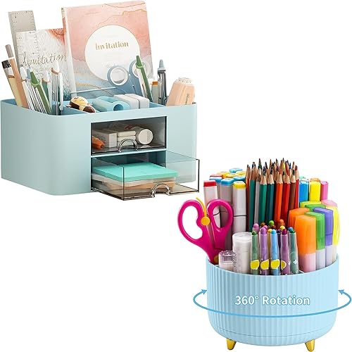 Marbrasse Organizador de bolígrafos con 2 cajones + soporte giratorio de 360 grados para escritorio