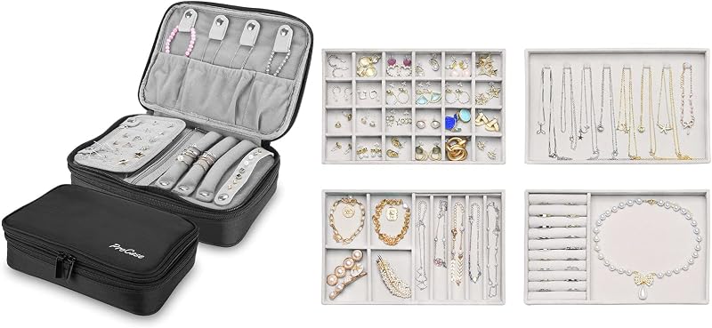 ProCase Jewelry Bag Bundle with Set of 4 Stackable Jewelry Organizer Trays
