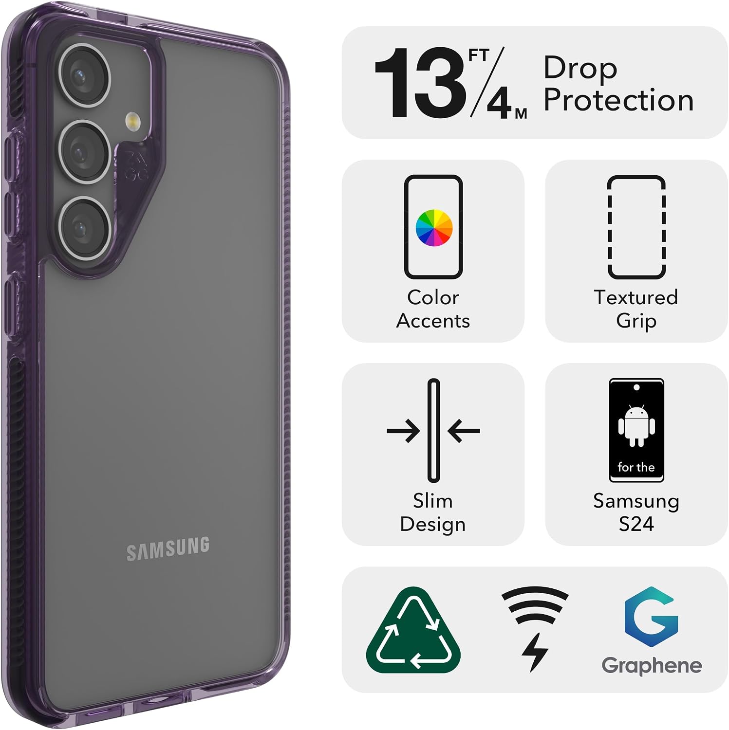 ZAGG Santa Cruz Samsung Galaxy S24 Case - Ultra Slim, Clear Case with Color Accents, Graphene-Strengthened, Drop-Resistant, Grape Purple