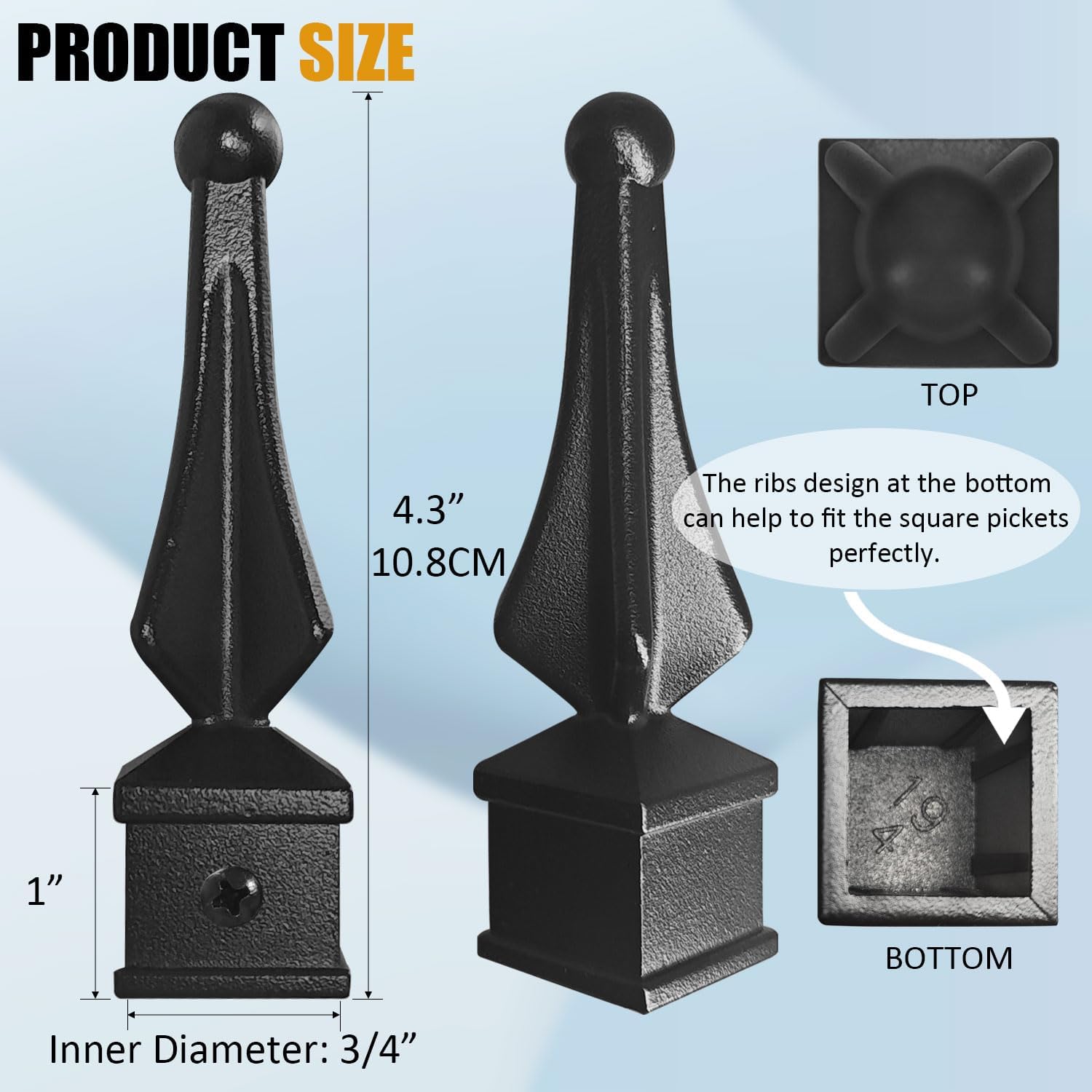 Aluminum Imperial Fence Spear Finials, Decorative Railing Topper Caps for Wrought Iron Fence, Durable Rust-Resistant Ornamental Post Cap, Textured Black (20PACK, Fit 3/4'' Picket)