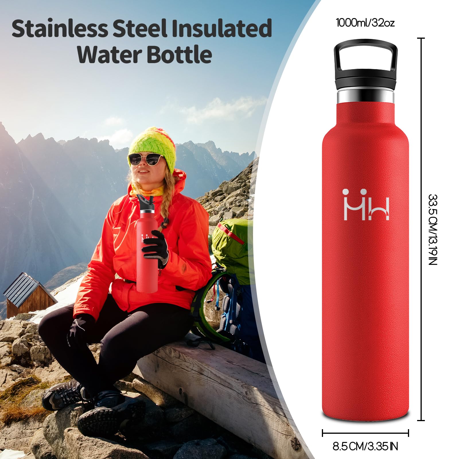 HoneyHolly Borraccia 1 Litro, Senza BPA, Bottiglia Termica, Sottovuoto a Doppia Parete, Borracce Termiche, 18/8 Acciaio Inox, Borraccia Termica con Cannuccia, Termos per Palestra, Sport, Bici