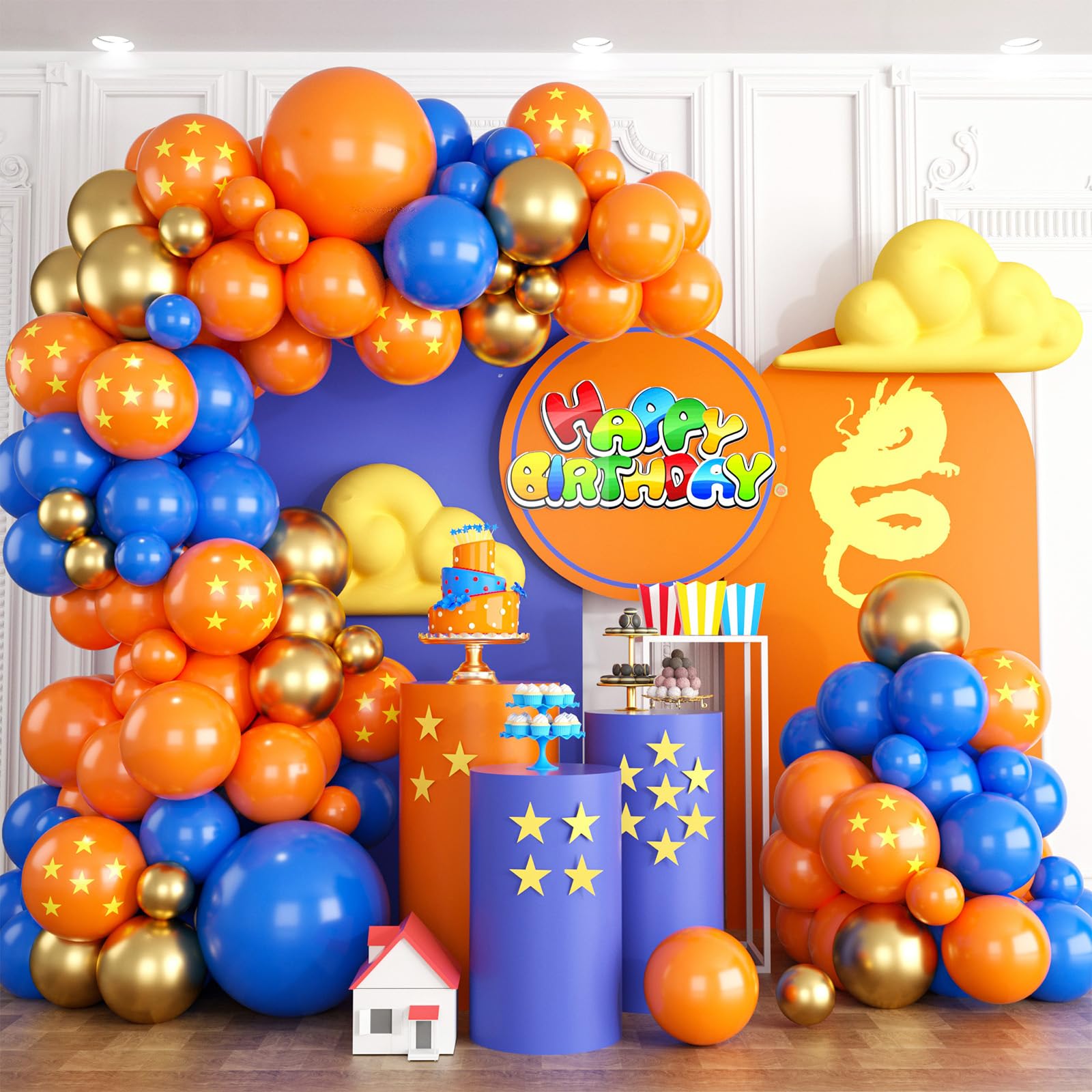 Blue and Orange Balloon Arch Kit, Orange Metallic Gold Balloons for Kids Cartoon Anime Party Decorations Birthday Balloons Baby Shower Engagement Party Supplies