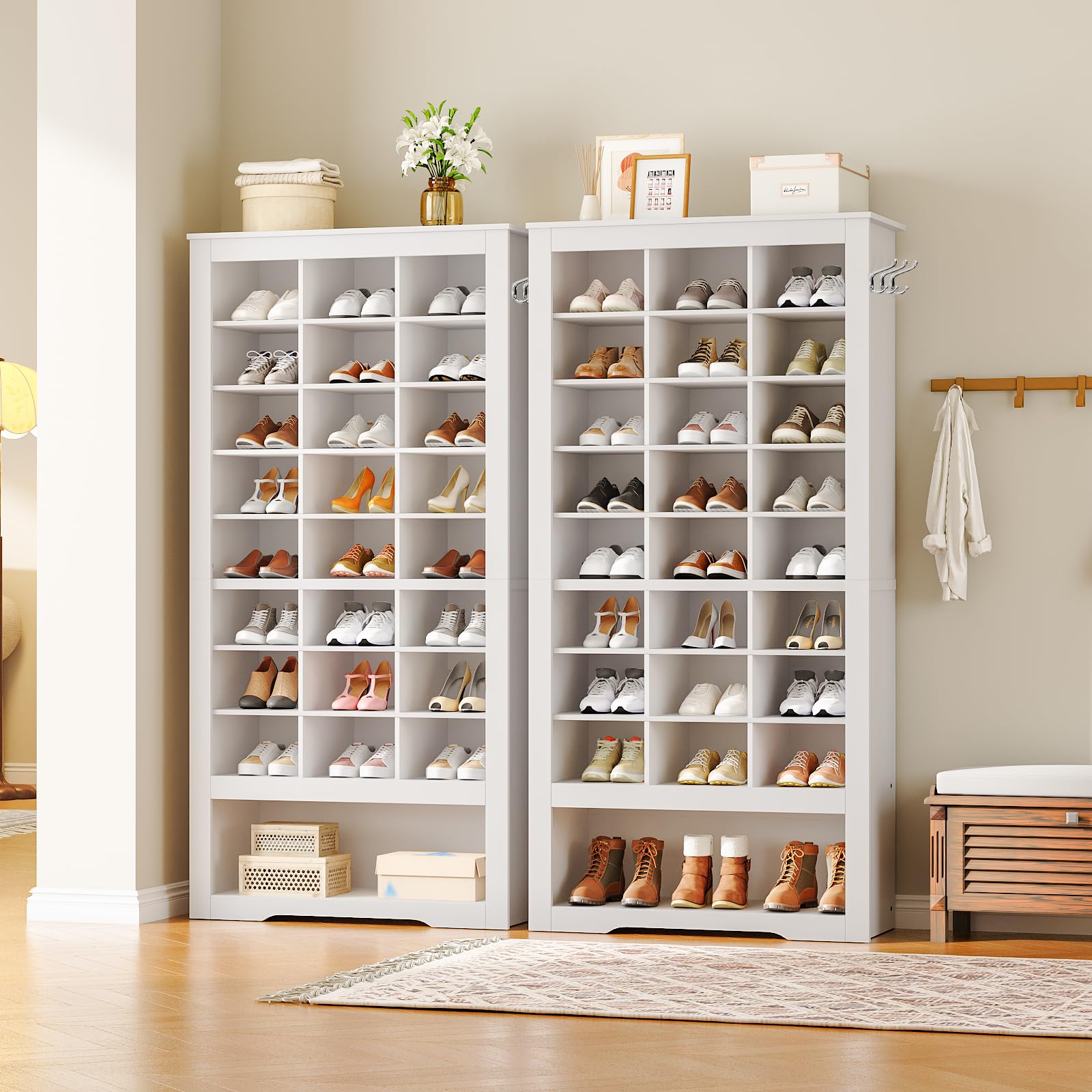 HOOBRO Tall Shoe Cabinet Set of 2, 9 Tier Shoe Storage Cabinet, Freestanding Wooden Shoe Organizer with 24 Cubbies and 3 Hooks, for Entryway, Closet,