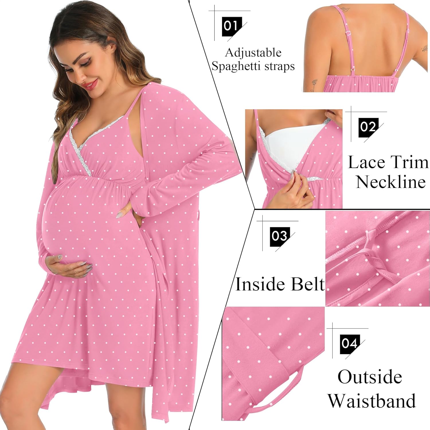 SWOMOG Womens Maternity Robe 2 Piece Nursing Nightgown for Breastfeeding 3 in 1 Labor Delivery Nursing Dress Lace Bathrobe