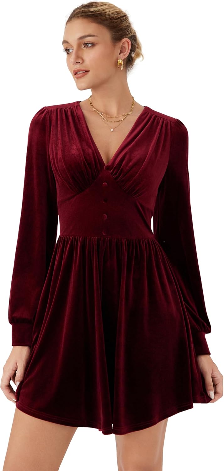 CIDER Womens Velvet V Neck Long Sleeve Mini Dress Party Cocktail - Image 2
