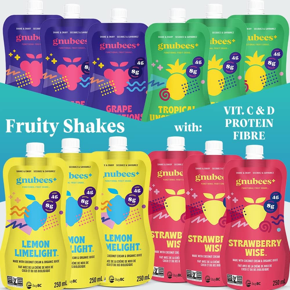 gnubees plus | Functional Shakes for Kids and Families on the go | Protein & Fibre | Vitamin C & D | Grab-n-go nutritional smoothies | Pack of 12 8.5oz Pouches| (Variety Pack (3 each flavour))