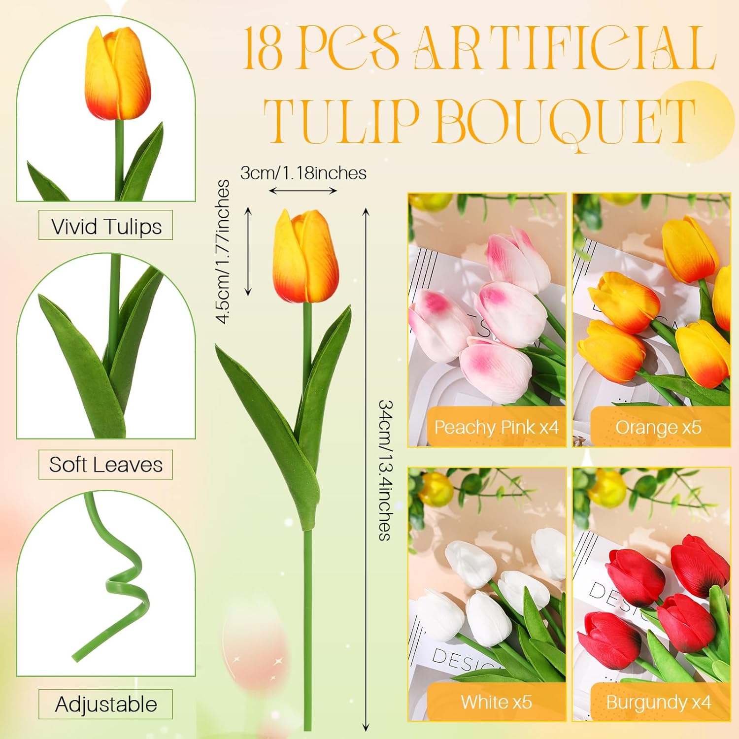 Uiifan 19 Pcs Spring Easter Centerpieces for Tables Home Office Decoration 18 Fake Artificial Tulip Flower Faux Realistic PU Bouquet with 1 Metal Pot Vase for Wedding Baby Shower(Elegant Color)