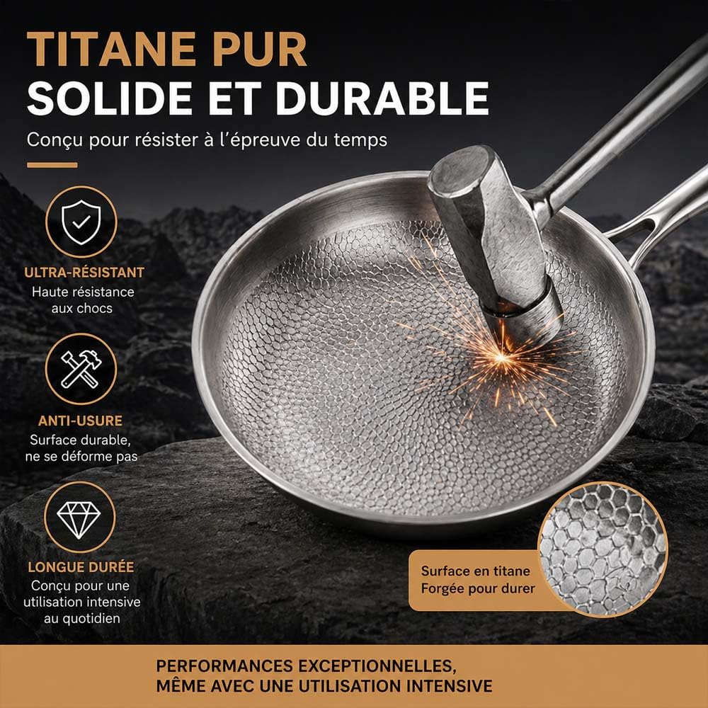 Leyof Poele Titanex,PoêLe En Titane Induction(22-32cm),Poele En Titane Martelé,éPaisse,Ultra-RéSistante, Anti-Rayures, AntiadhéSive, Multifonctionnelles (24 cm (sans couvercle))