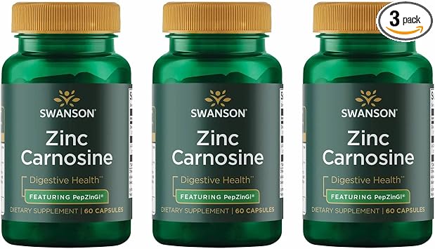 Swanson Zinc Carnosine (PepZin GI) - Natural Supplement Promoting Gastric Health & Digestive Support - Supports Microbial Balance in the Stomach - (60 Capsules) 3 Pack