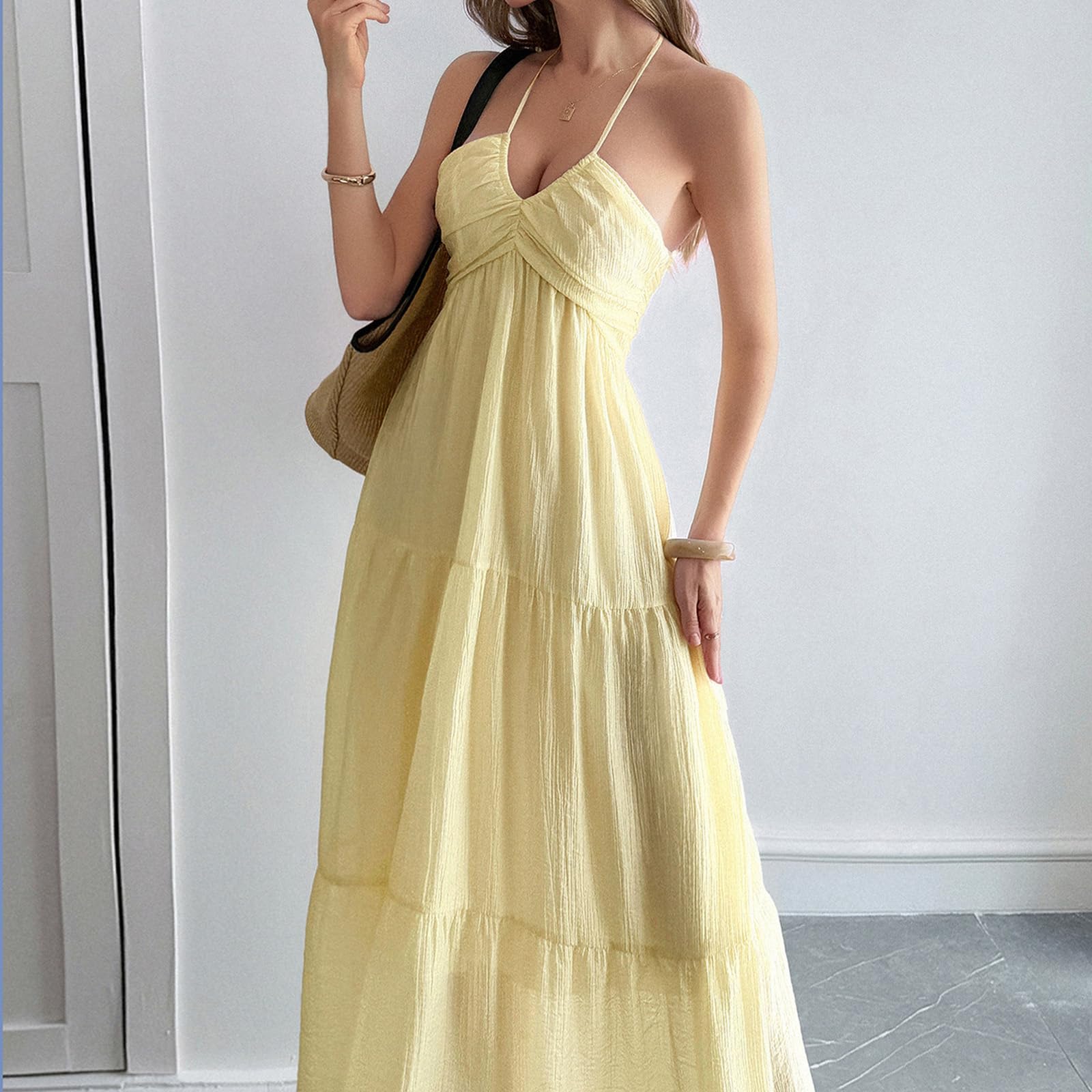 Abito Estivo da Donna con Scollo all'Americana, Abito Canotta con Spalline Sottili, abitos Lungo Fluido per Le Vacanze al Mare