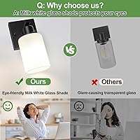 Vista 5 de Juego de 2 apliques de pared para baño, luces de tocador modernas negras con pantalla de vidrio blanco, lámpara de pared de baño para espejo