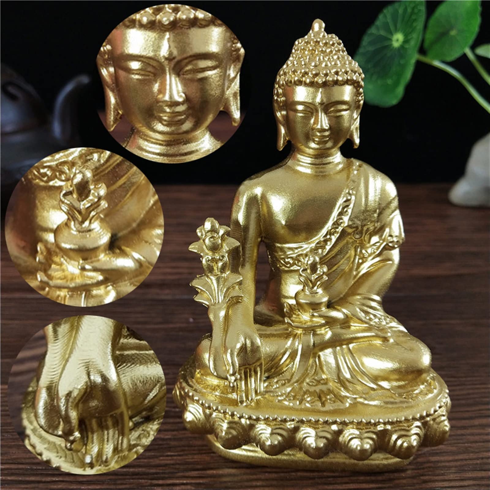 XJBTBA Posągi Buddy do wystroju wnętrz Mini figurka Buddy Kolor brązu Medycyna Posąg Buddy Z naszyjnikiem Ozdoba Żywica Feng Shui Rzeźba Buddy Biuro w domu Dekoracja ogrodowa Prezent Posągi Buddy f