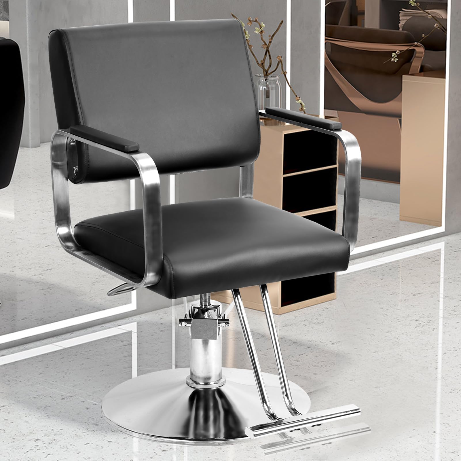 Friseurstuhl 250 kg Tragkraft 360° Drehbar 15cm Höhenverstellbar Hydraulischer Frisörstuhl mit Stahlsockel für Schönheitssalon Tattoo-Studio (Barber Stuhl B)