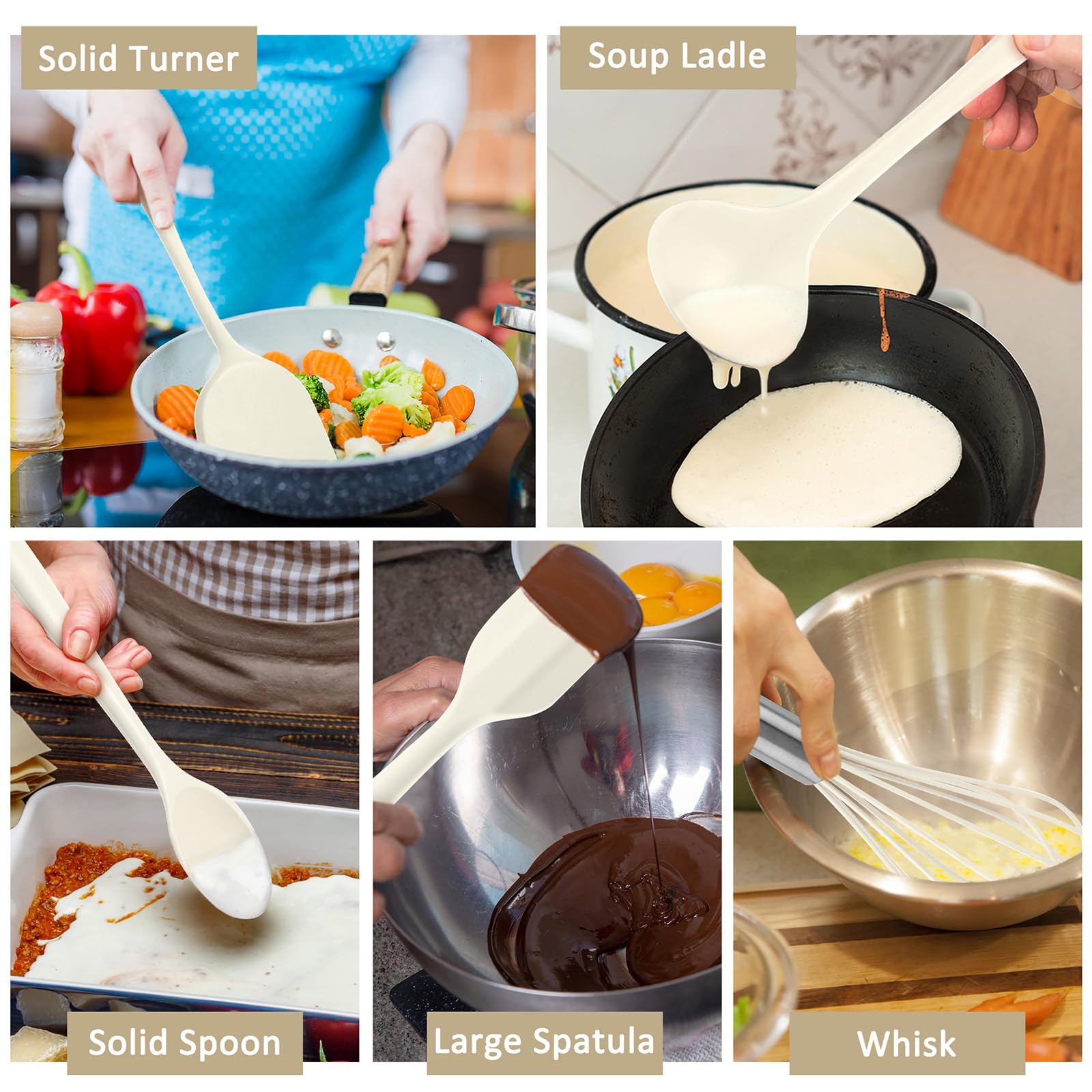 Leonyo Küchenutensilien-Set zum Kochen, Silikon-Kochutensilien-Set, 230 °C, hitzebeständiges Silikon-Küchenwerkzeug mit Pfannenwender, Servierlöffel, Schneebesen für Antihaft-Kochgeschirr, Weiß, 10