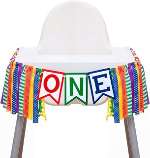 VitalCozy Street Theme One High Chair Banner First Birthday Decorations, Rainbow Highchair Banner Garland Circus Carnival With Ribbon Fabric for Farm Decor Photo Prop Birthday Party Supplies