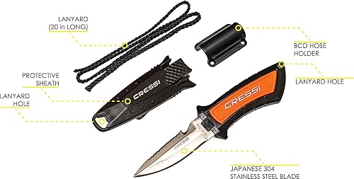 Miniatura 5 de Cressi Cuchillo de hoja corta para buceo y pesca submarina con funda de liberación rápida y soporte de manguera, Lima diseñado en Italia