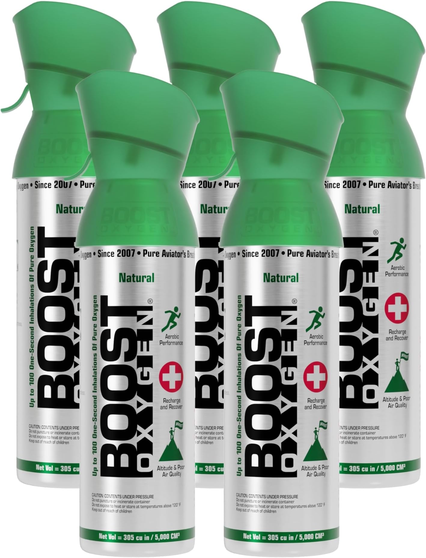 5 Liter Natural Pure Canned Supplemental Oxygen Bottle with Built in Mouthpiece for High Altitudes and Recovery, Natural Flavor (5 Pack)