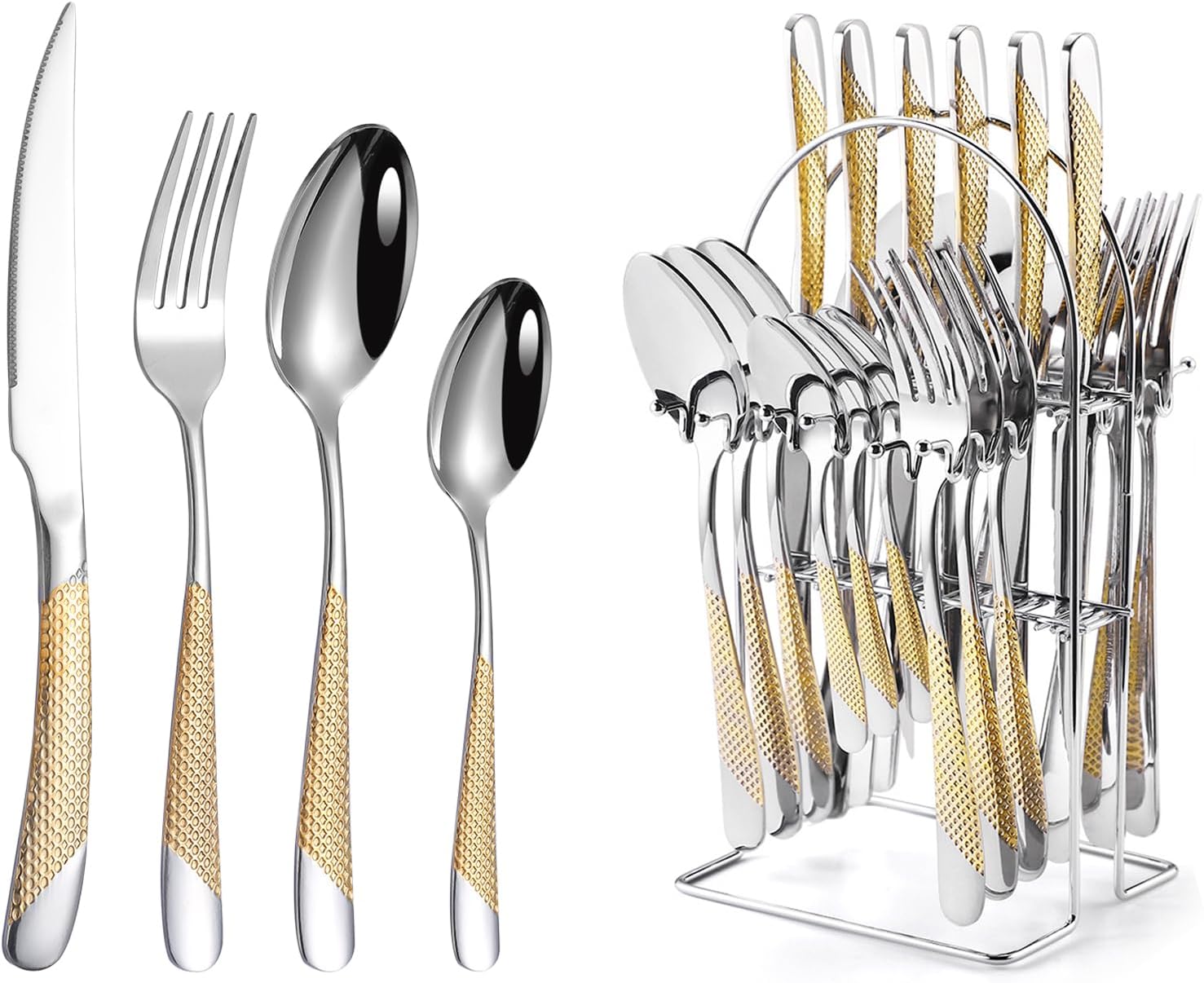 25Piece Silverware Set With Cutlery Holder, Hanging Stand Storage For Kitchen Utensils Stainless Steel Daily Knife Fork Spoon Tableware With Metal Bracket, Service For 6