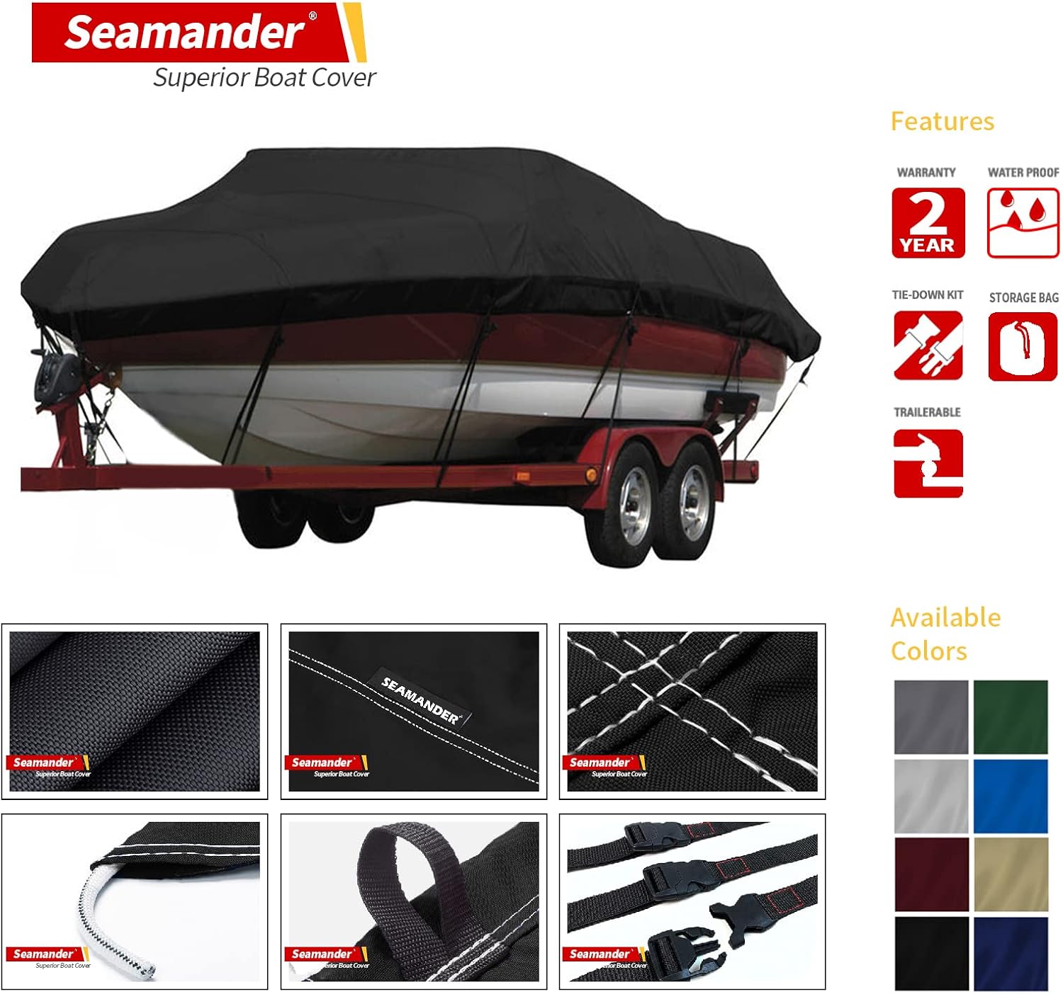 Seamander Waterproof Boat Cover, Solution-Dyed Yarn Marine Grade Cover Fits 20' to 22' ft Bass, V-Hull, Tri-Hull, Fish & Ski, Runabout Bowrider Boats - Heavy Duty Canvas Black
