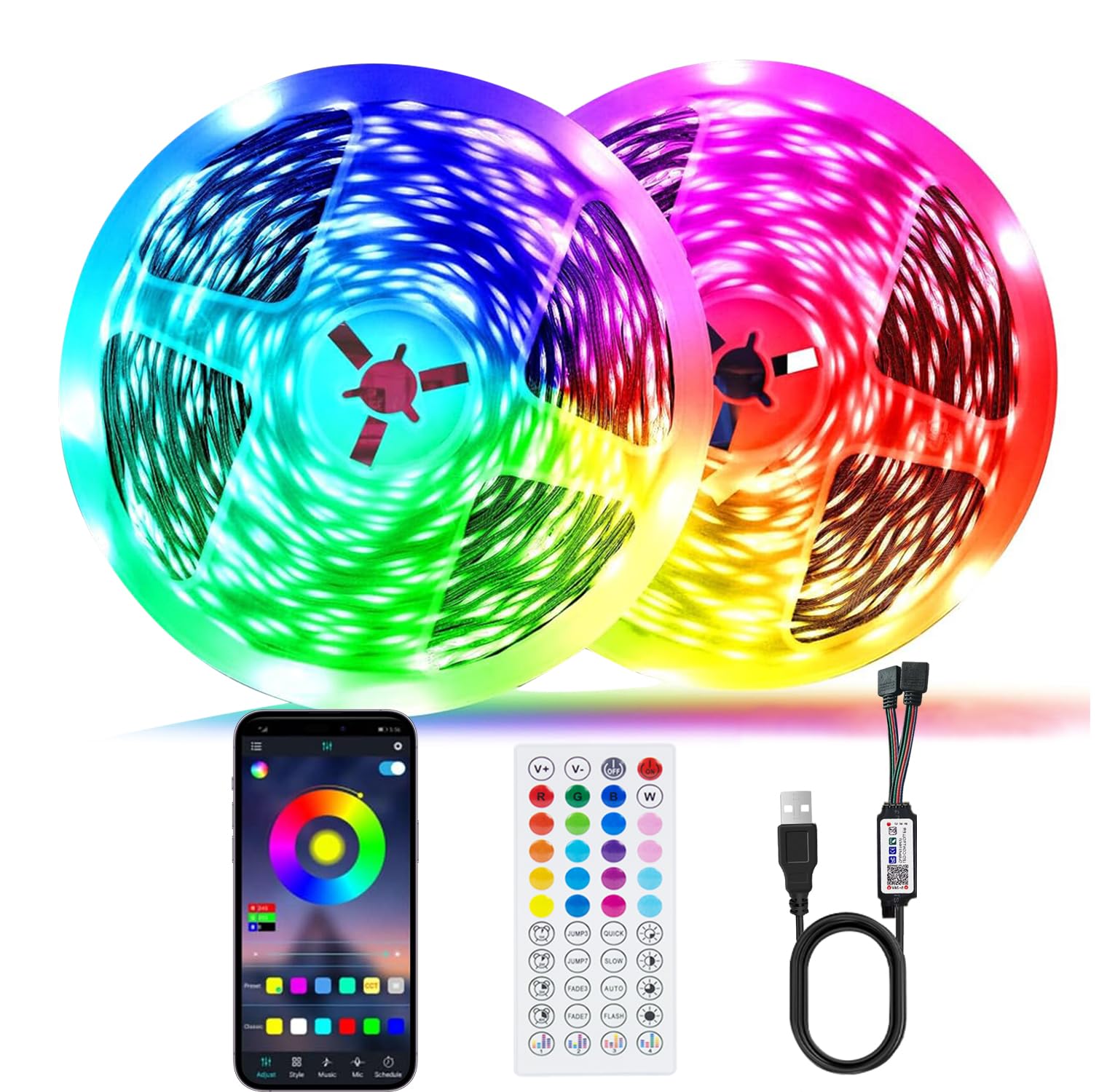 PSTAR LED Strip Lights 40M, Music Sync Color Changing RGB LED Strip with Remote & App Control, Built-in Mic, for Bedroom Ceiling Party Stairs (20Mx2)