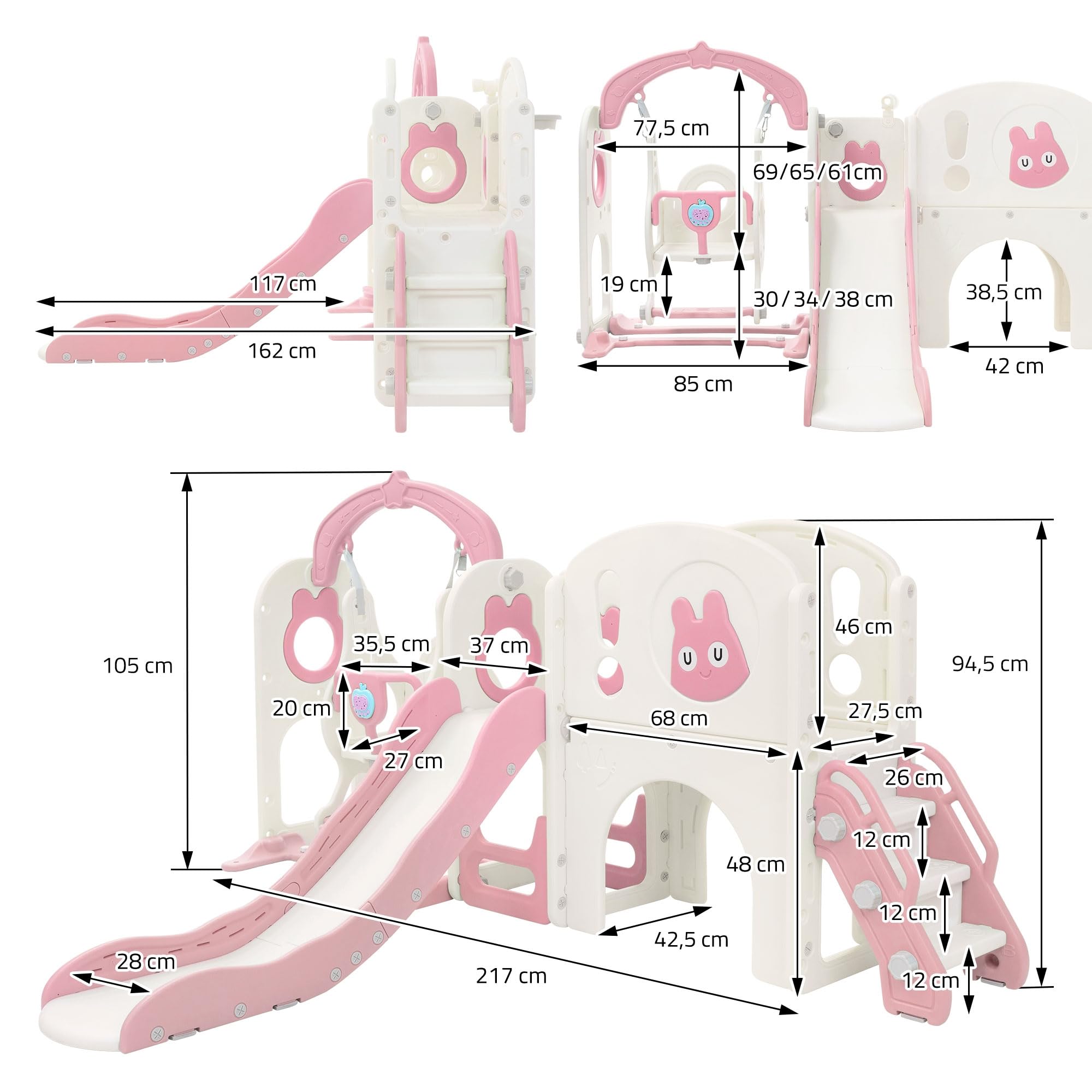 Joyz Scivolo con Tunnel per Bambini 6 in 1, Parco Giochi Interno/Esterno con Altalena, Scala da Arrampicata, Canestro da Basket e Telescopio, Set da Gioco con Scivolo Rosa/Bianco, da 3 Anni