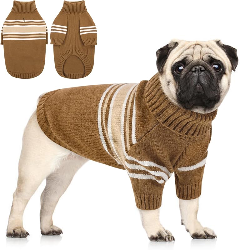 Suéter de Tricô Listrado para Cães Queenmore com Gola Alta e Abertura para Guia, Marrom, Tamanho M