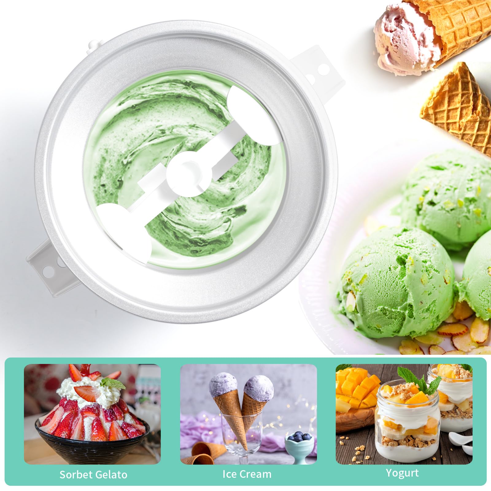 Ice Cream Attachment Compatible with KitchenAid 4.5/5/6/7QT Mixers,Makes 2 Quarts of Ice Cream,Compatible with KitchenAid Ice Cream Maker Attachment,Dishwasher safe(Not Fit 3.5QT Mixers)