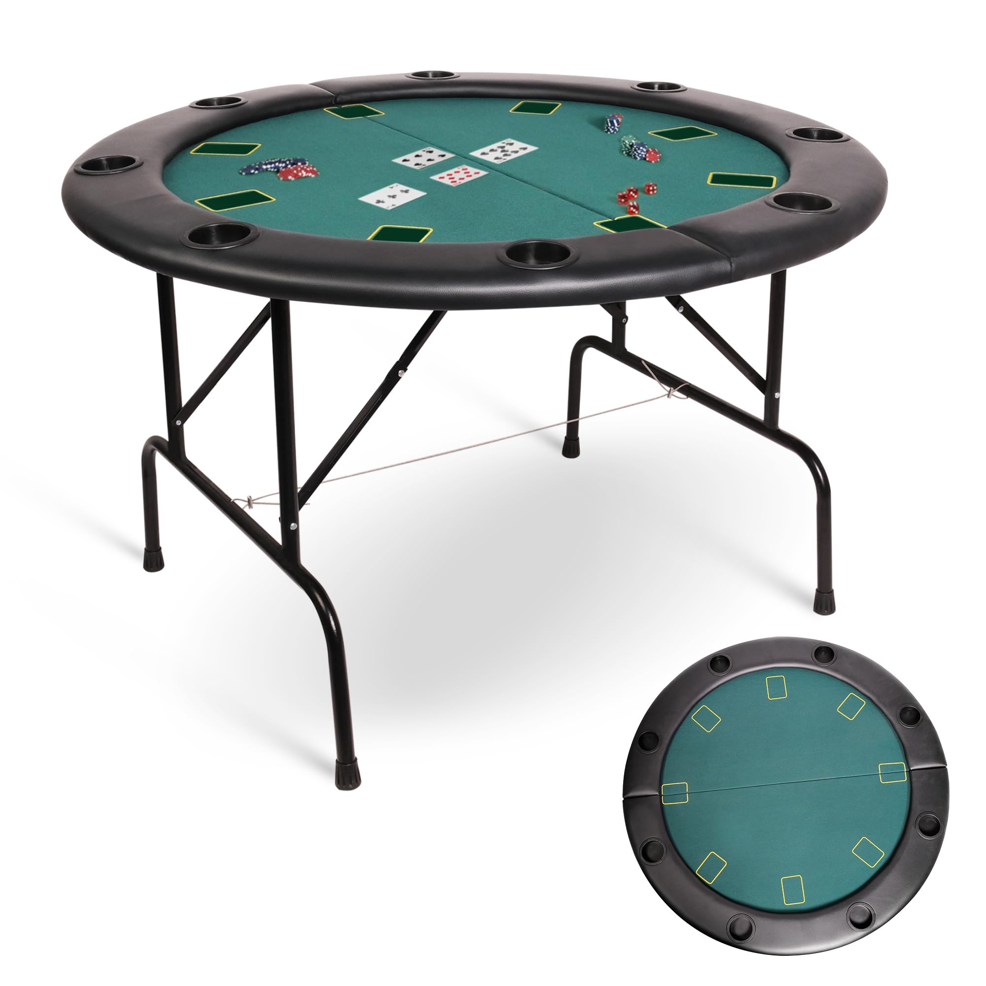 8 Player Round Foldable Poker Table, Portable Texas Blackjack Holdem Poker Table with 8 Cup Holders, Folding Casino Leisure Card Board Game Table with