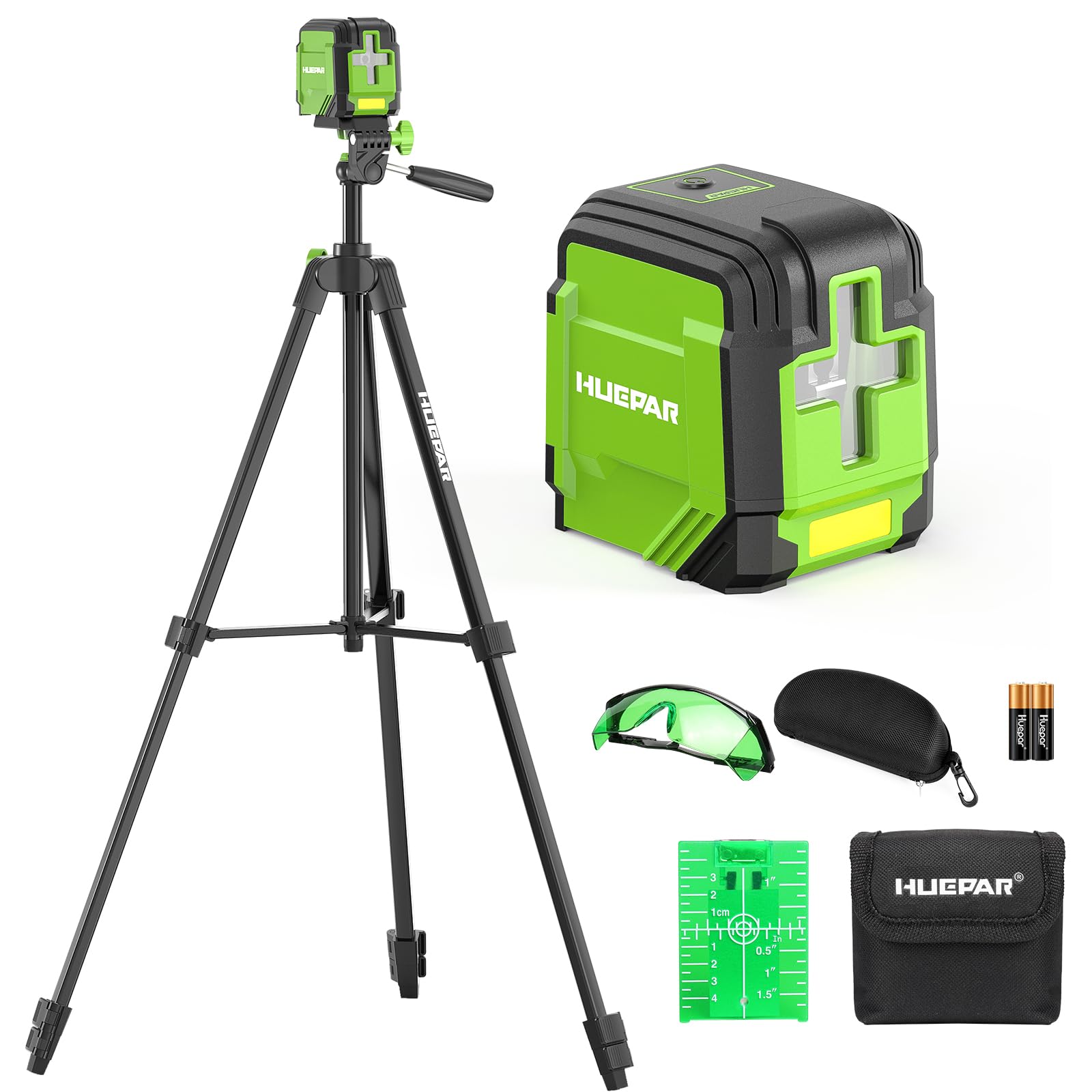 Huepar GK011DG Nivel Láser Autonivelante Verde con Trípode 1,52m, Línea Cruzada Horizontal/Vertical 110°, Alcance 30 m, con Bolsa, Gafas, Placa objetivo y 2 Pilas AA para Bricolaje, Casa, Carpintería