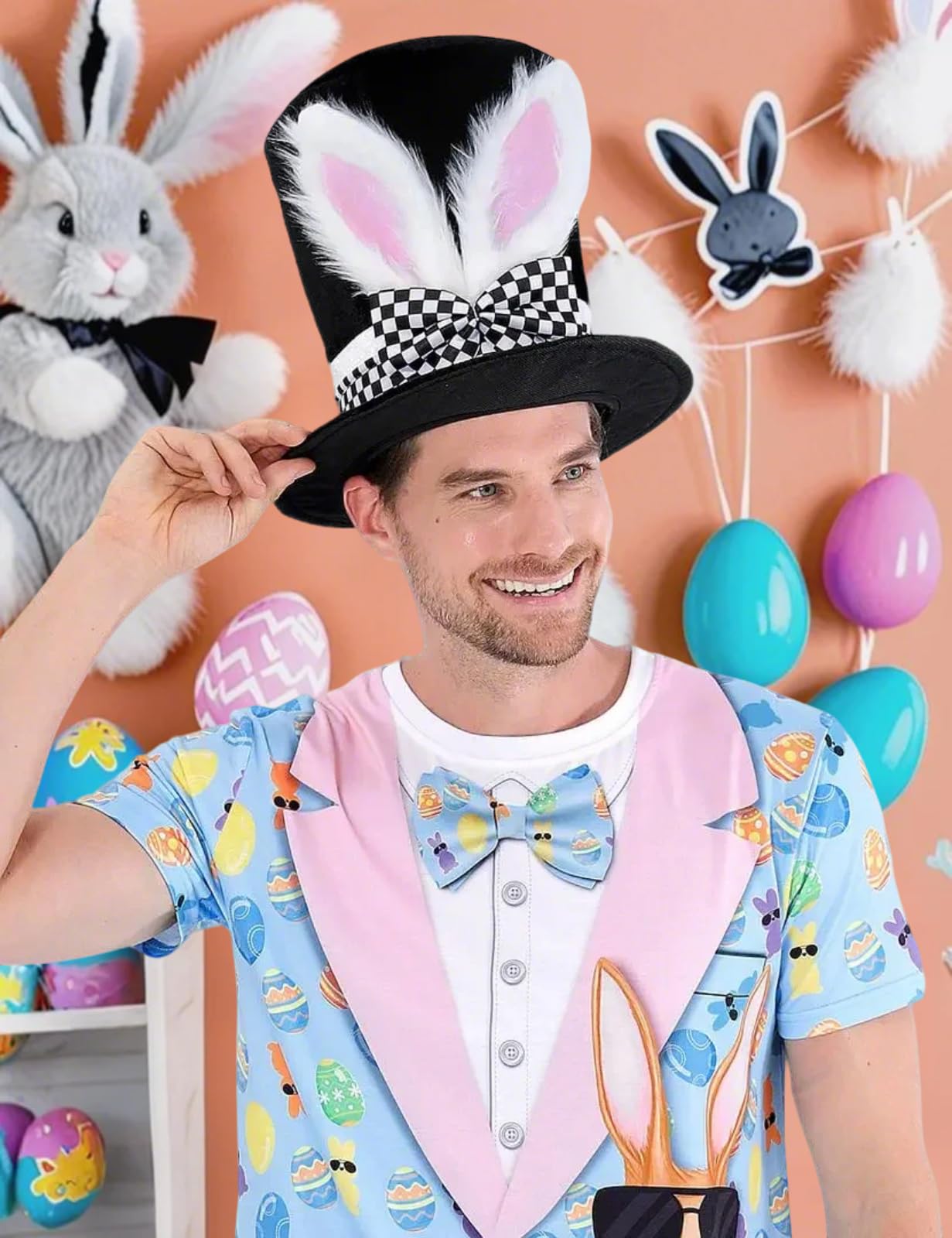 COSAVOROCK Easter Bunny Hat Adult Mad Hatter Hats White Rabbit Costume Black Topper - Image 2
