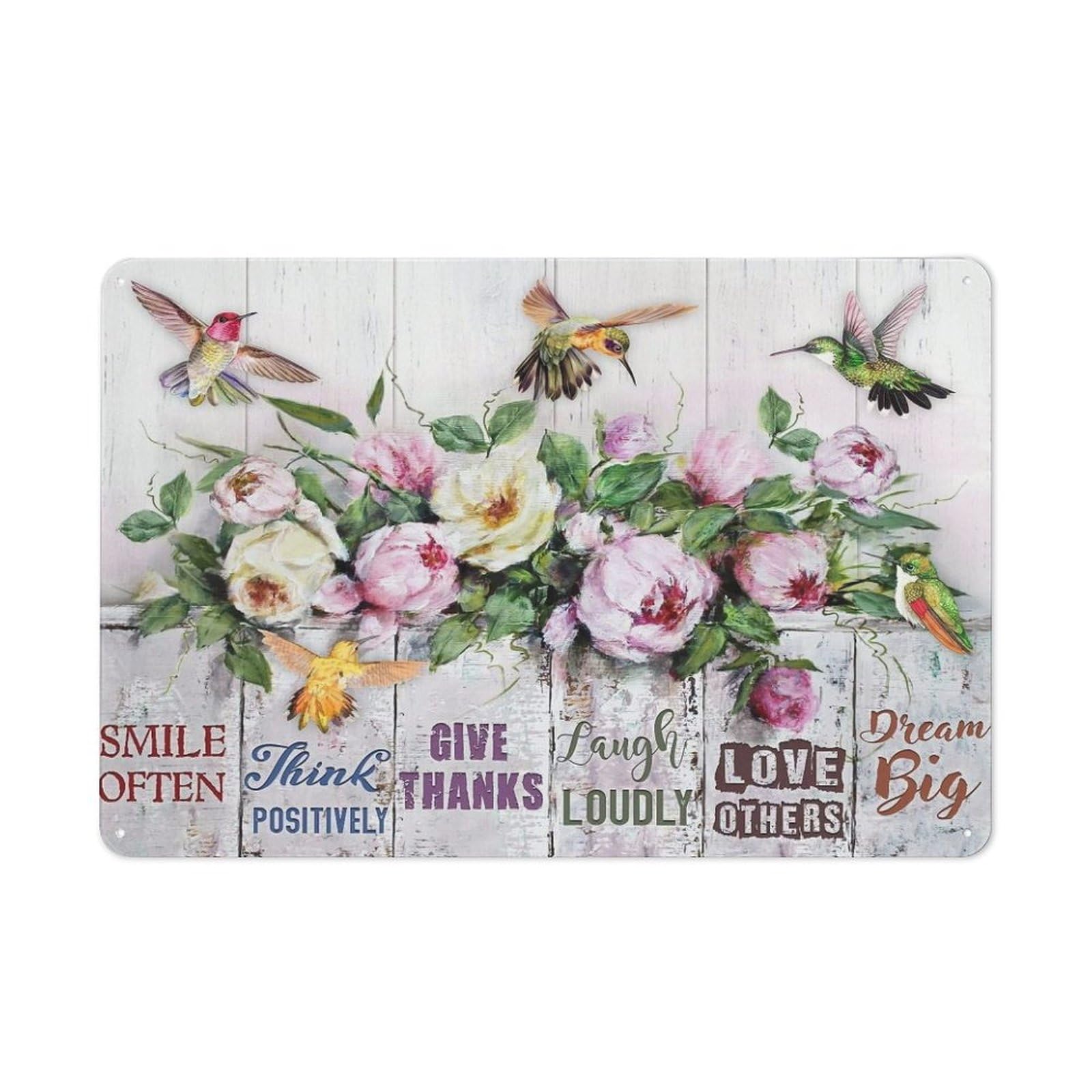 Rustic Metal Tin Sign, Hummingbird Smile Slogan Print, Home Garden Warm Retro Wall Decor 12x8 Inch