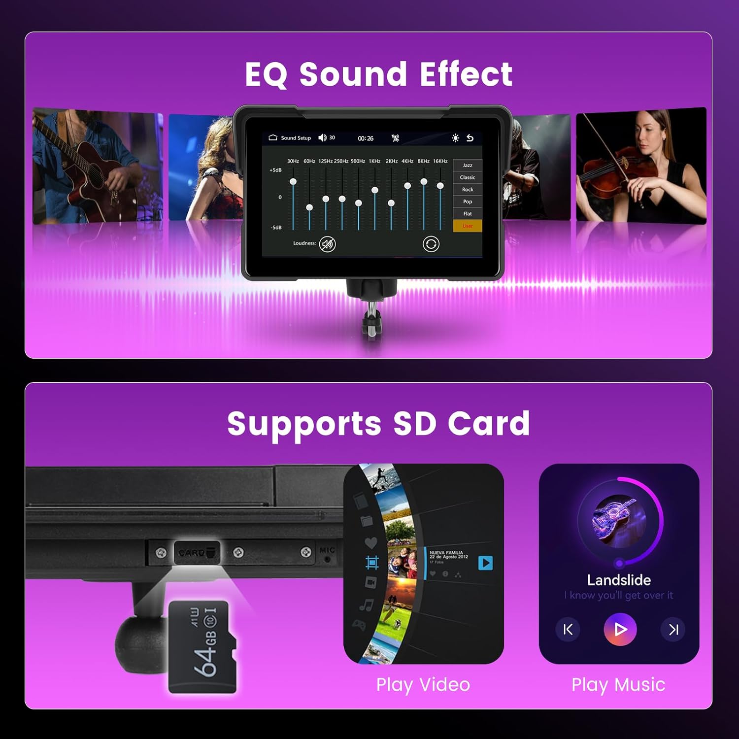 Image showing EQ sound effect settings on the screen and an SD card slot with icons for playing video and music.
