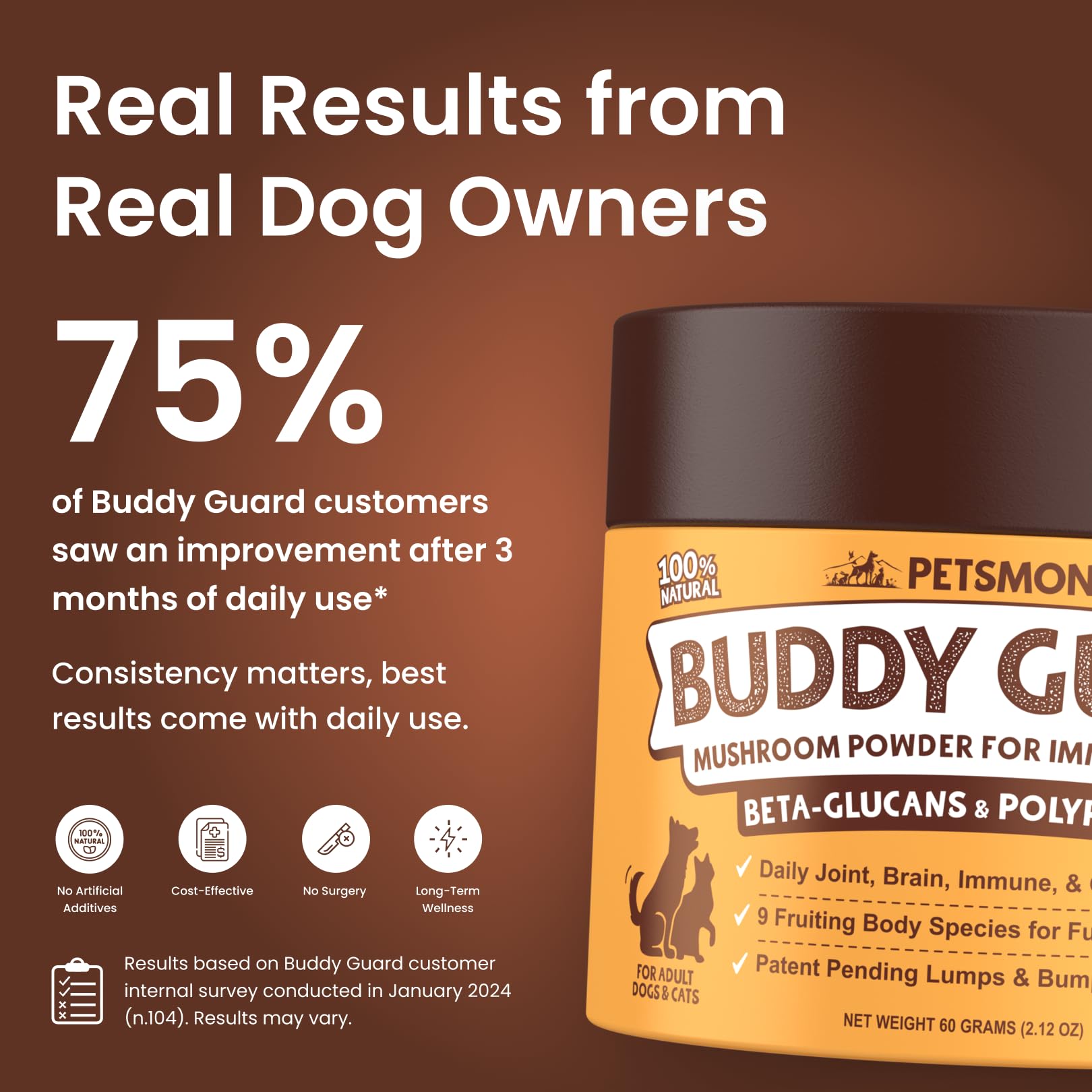Petsmont Buddy Guard for Lumps and Bumps, Lipoma for Dogs & Cats, Patent Pending Organic 9 Mushroom Powder Blend Natural Dog Probiotic & Immune Support Chaga, Reishi, Lion's Mane, Turkey Tail Mushroom — Amazon image 3
