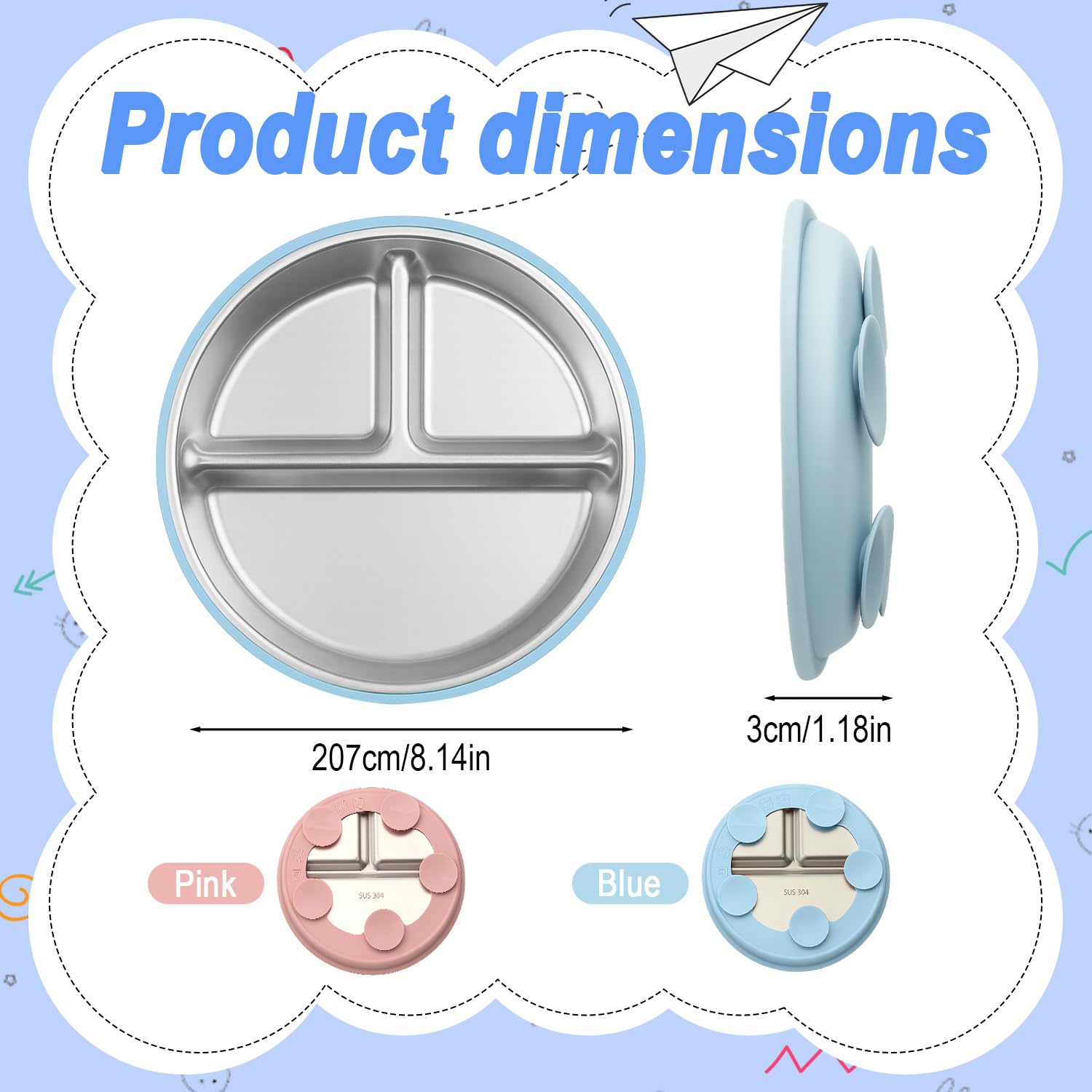 Piatto con Ventosa per Bambini, 2 Pezzi Piatti in Acciaio Inox Bambini 21CM, Piatto Svezzamento con Ventosa, Antiscivolo Piatti Divisi per Alimentazione Autonoma