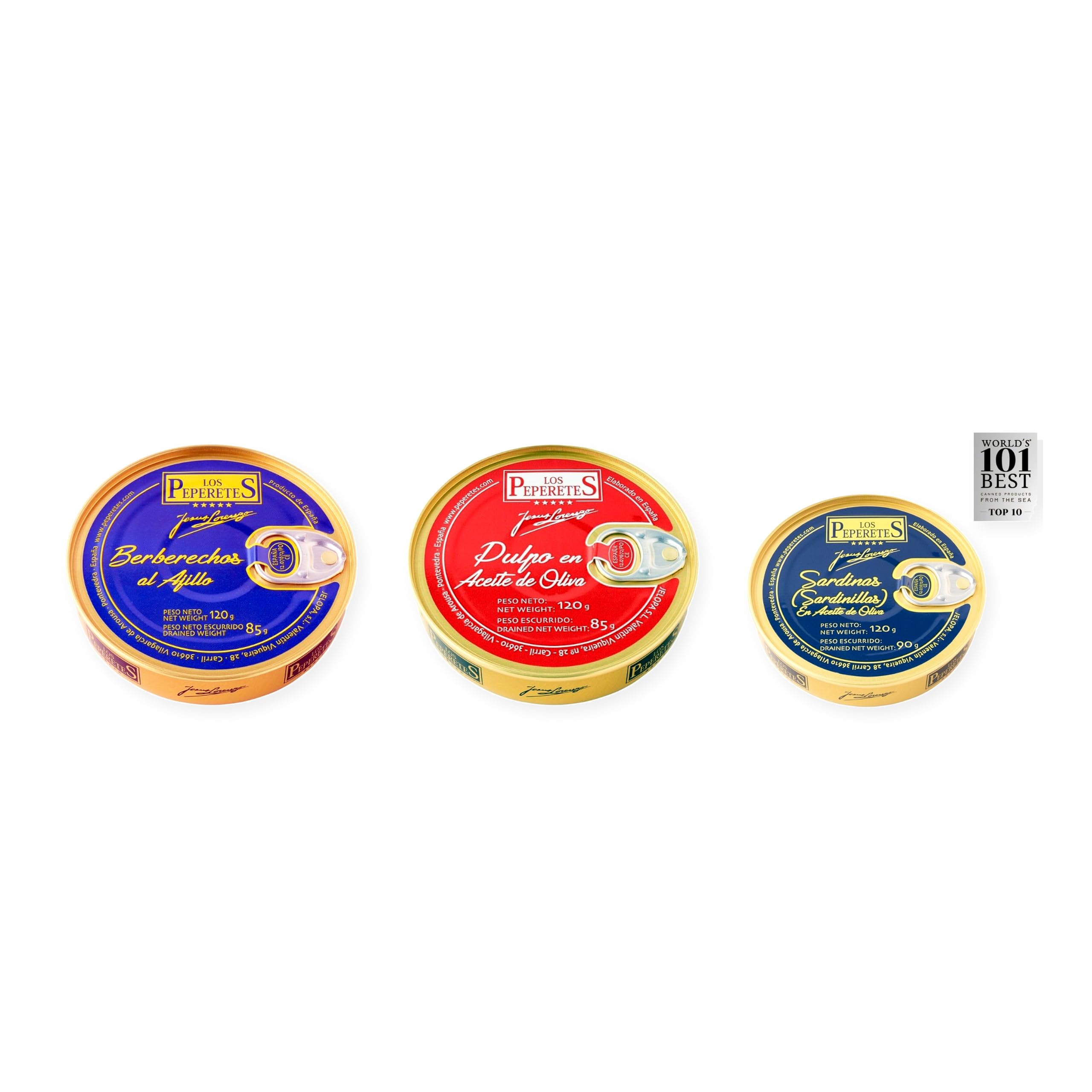 los peperetes conservas Berberechos Ajillo, Pulpo Aceite Oliva y Sardinillas Aceite Oliva pack 3 latas