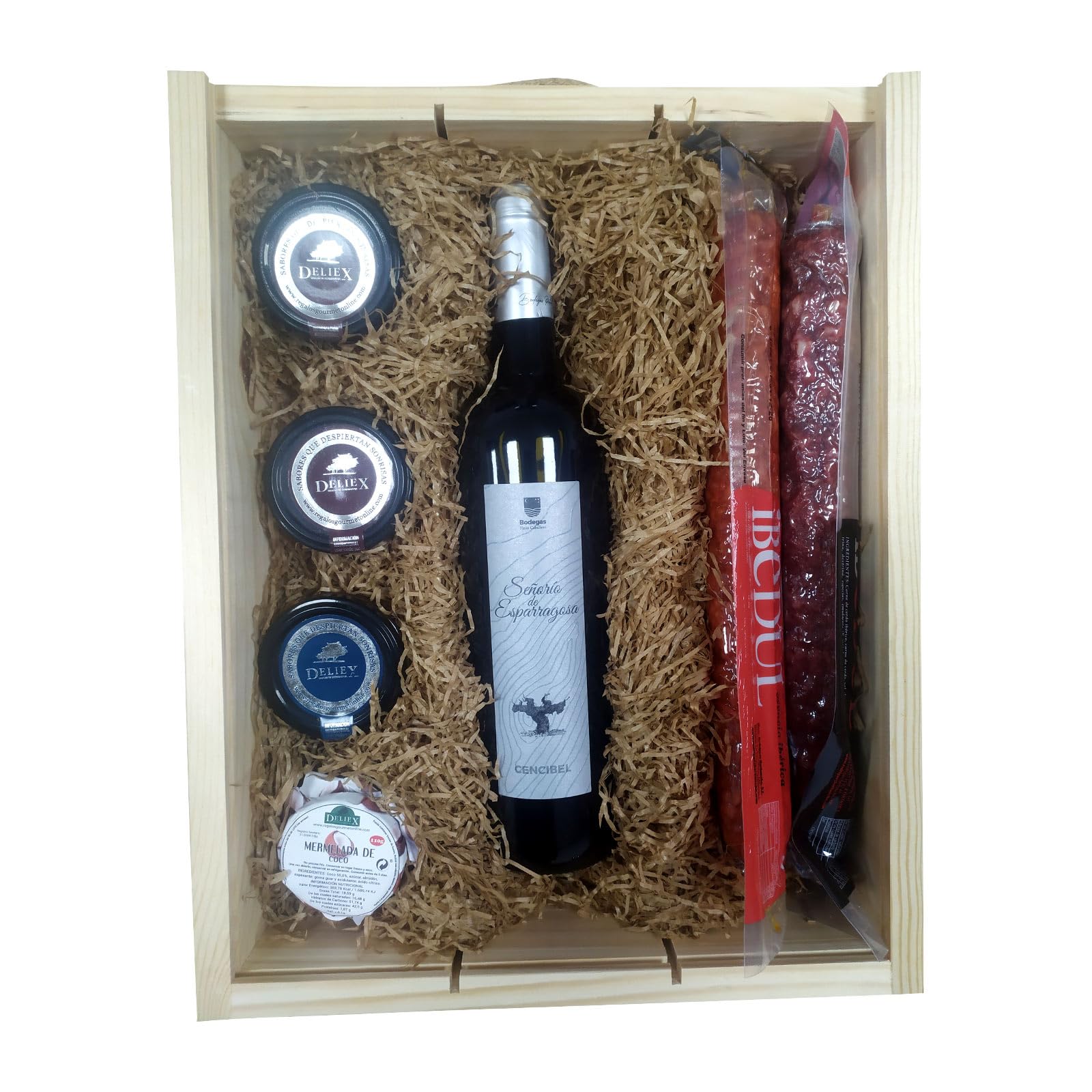 Regalos de empresa o particulares con productos Gourmet en caja de madera con vino, ibericos, patés y mermelada