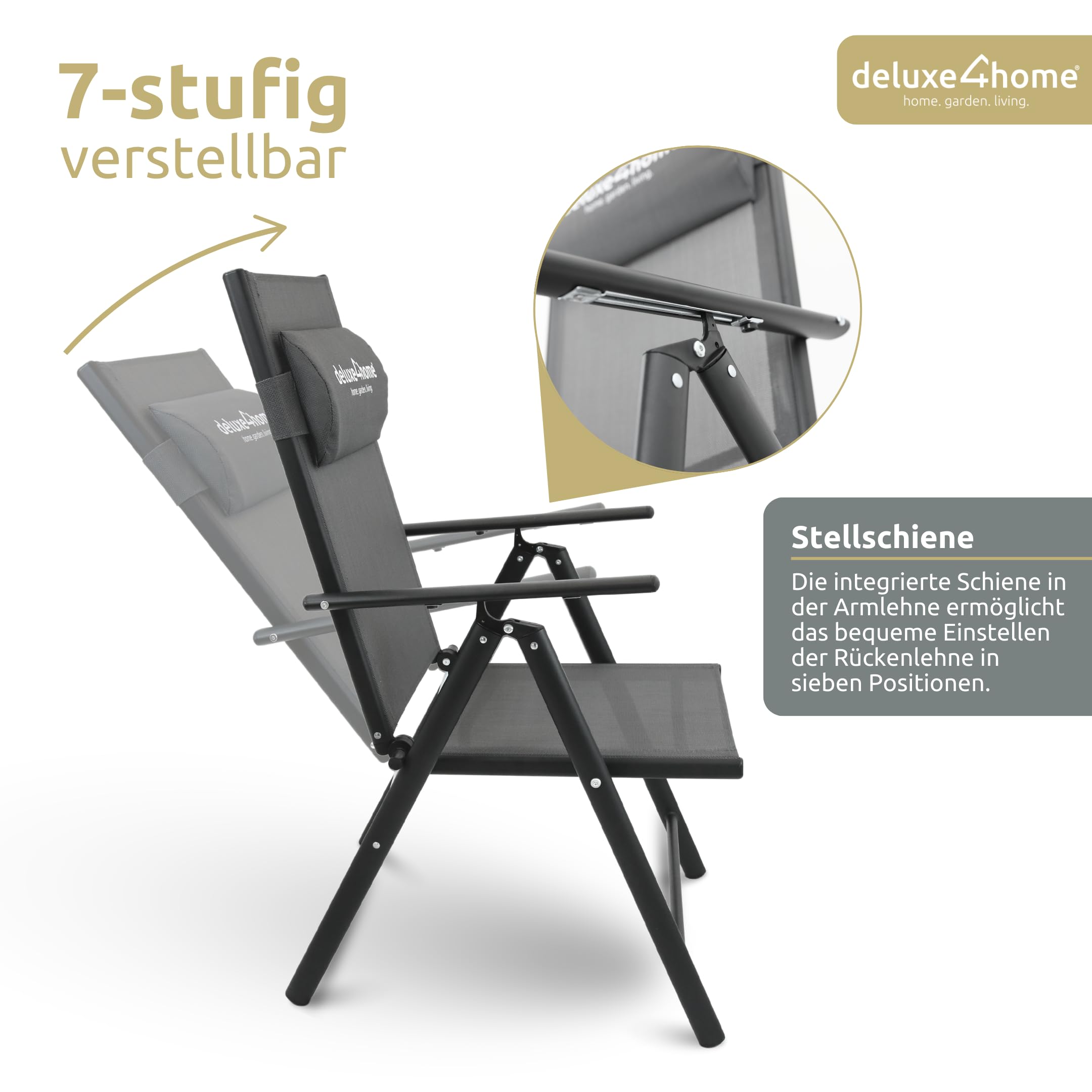 2er Set Gartenstuhl Klappbar 7-stufig verstellbar I Terrassenstuhl aus Metall Anthrazit I Hochlehner Klappstuhl mit Armlehnen Balkonstuhl inkl. Kopfpolster Campingstuhl